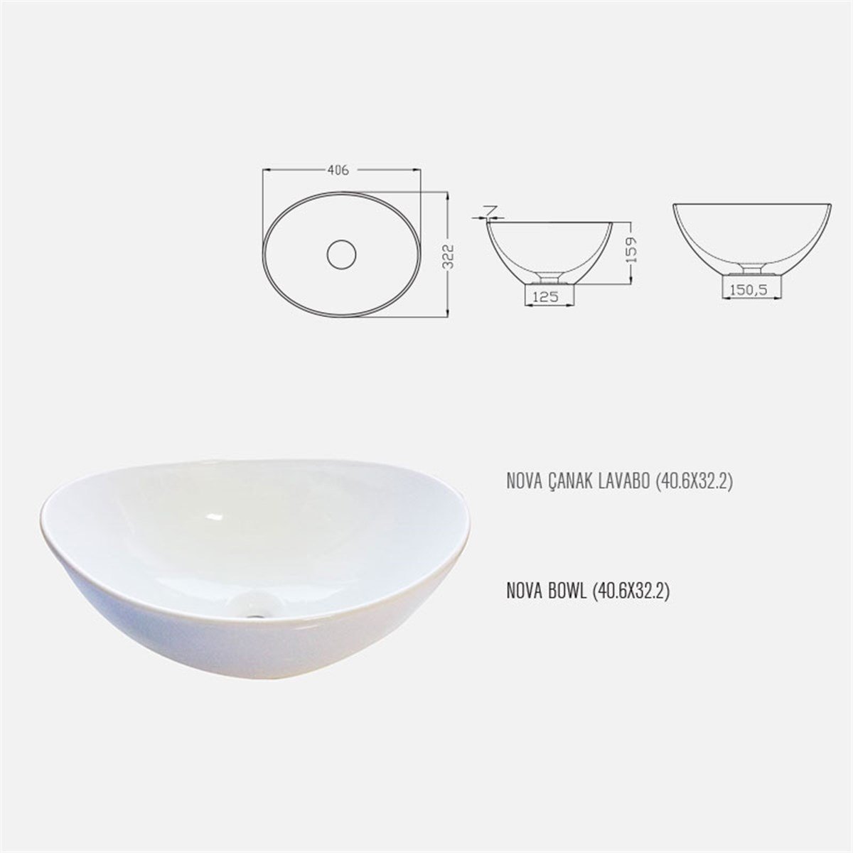 Güral Vit Çanak Lavabo Beyaz Mobilya Üstü 40,6 cm x 32,2 cm