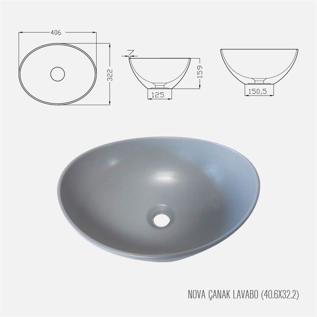 Güral Vit Çanak Lavabo Mat Gri Mobilya Üstü 40,6 cm x 32,2 cm