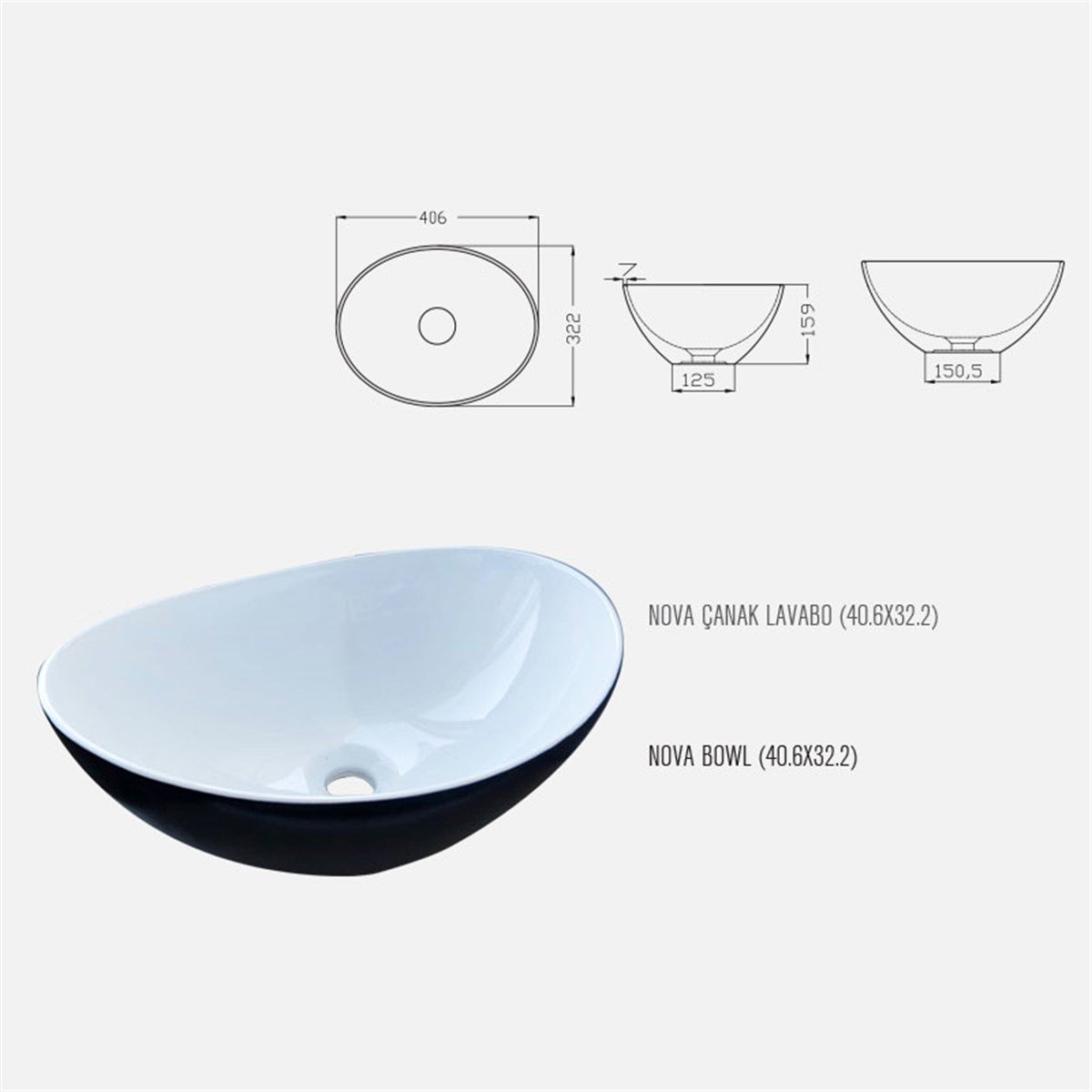 Güral Vit Çanak Lavabo Mat Siyah Beyaz Mobilya Üstü 40,6 cm x 32,2 cm