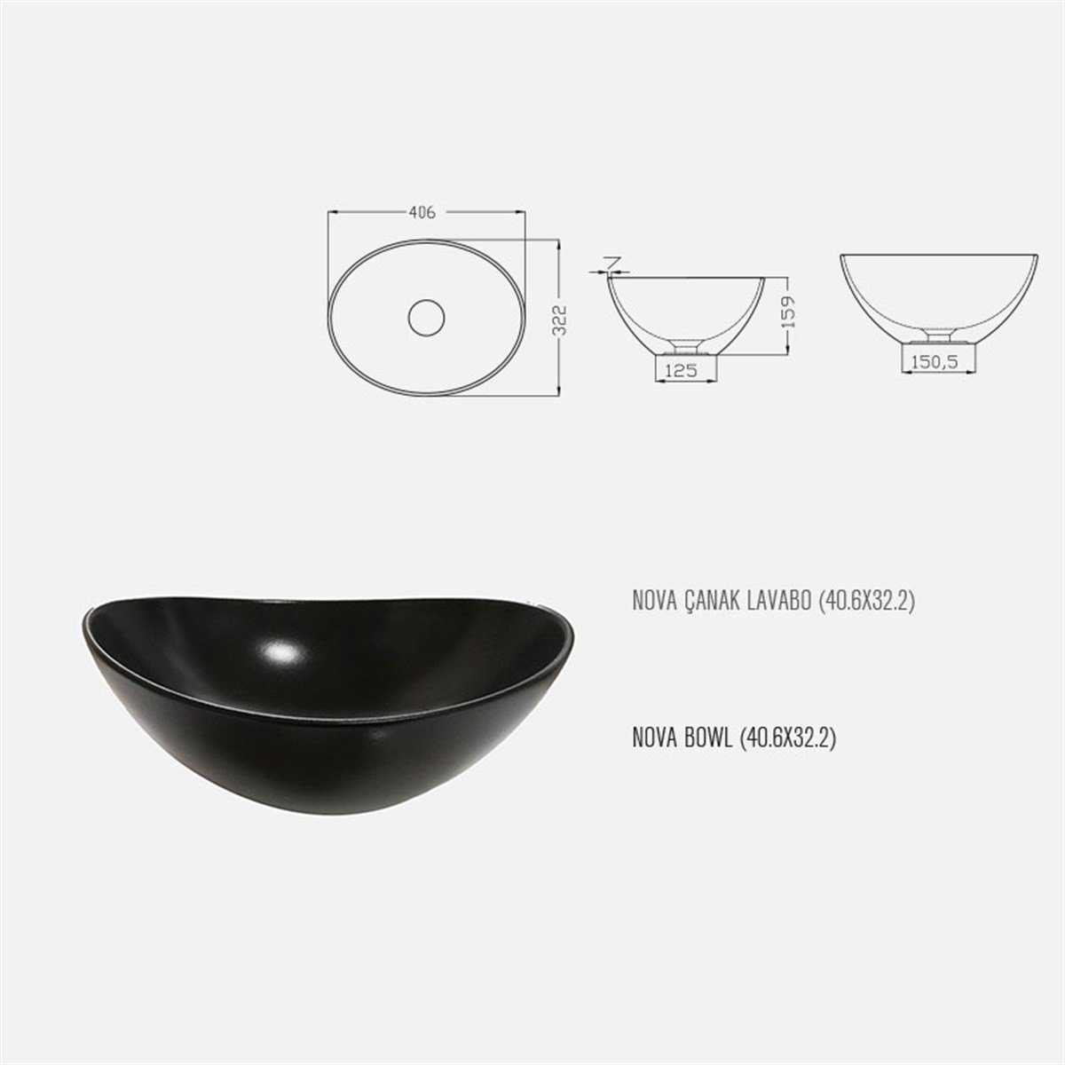 Güral Vit Çanak Lavabo Mat Siyah Mobilya Üstü 40,6 cm x 32,2 cm