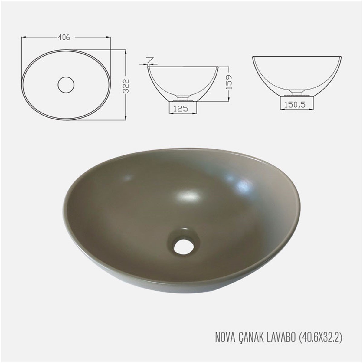 Güral Vit Çanak Lavabo Mat Yeşil Mobilya Üstü 40,6 cm x 32,2 cm