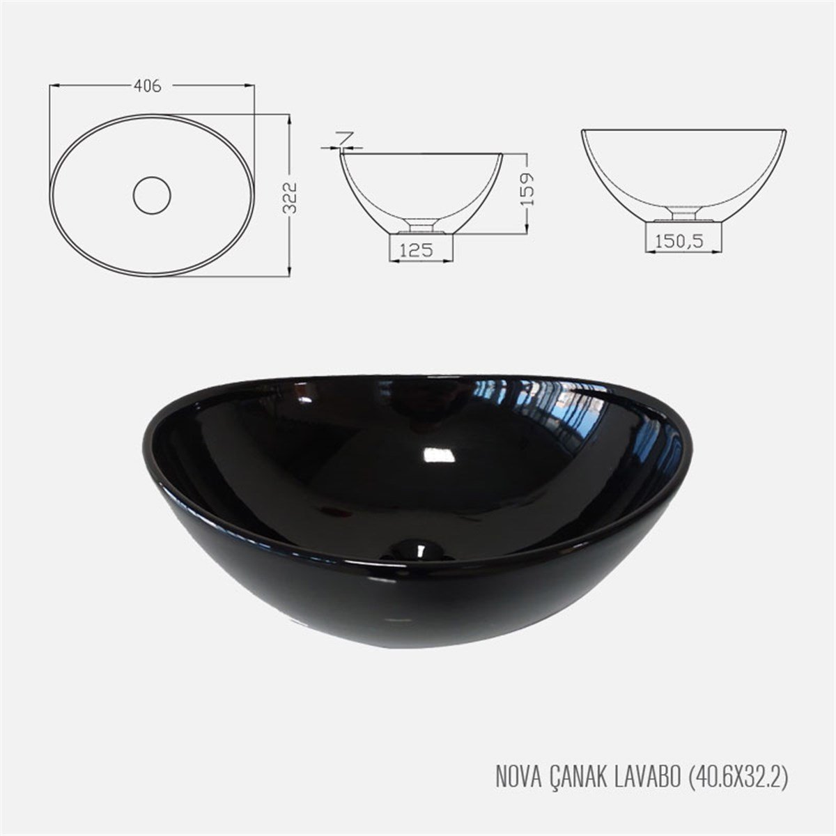 Güral Vit Çanak Lavabo Parlak Siyah Mobilya Üstü 40,6 cm x 32,2 cm