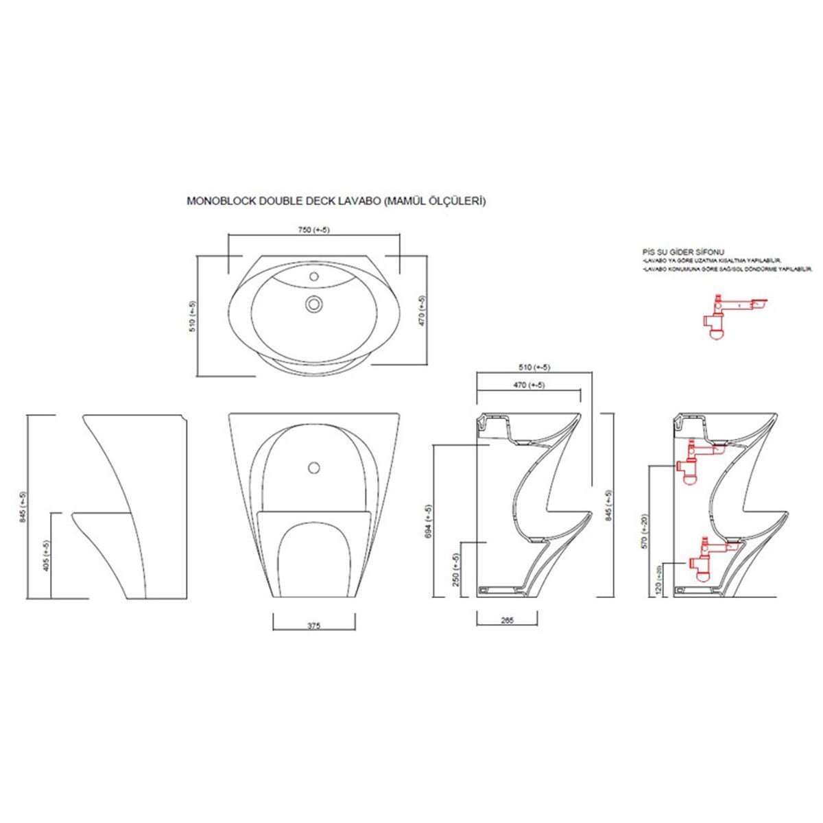 Güral Vit Double Deck Çift Hazneli Yarım Monoblok Lavabo