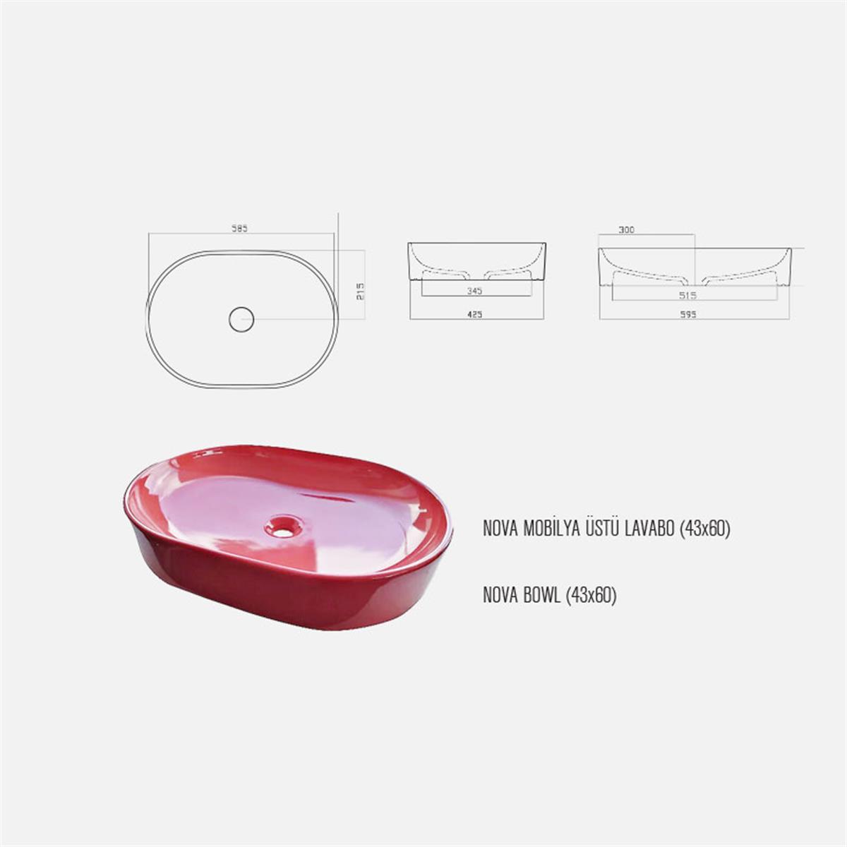 Güral Vit Nova Batarya Deliksiz Lavabo Oval Kırmızı 43 cm x 60 cm