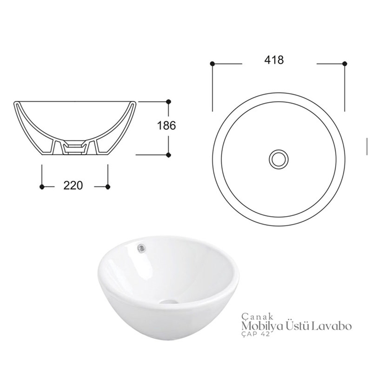 Güral Vit Nova Batarya Deliksiz Lavabo Çap 42 Beyaz
