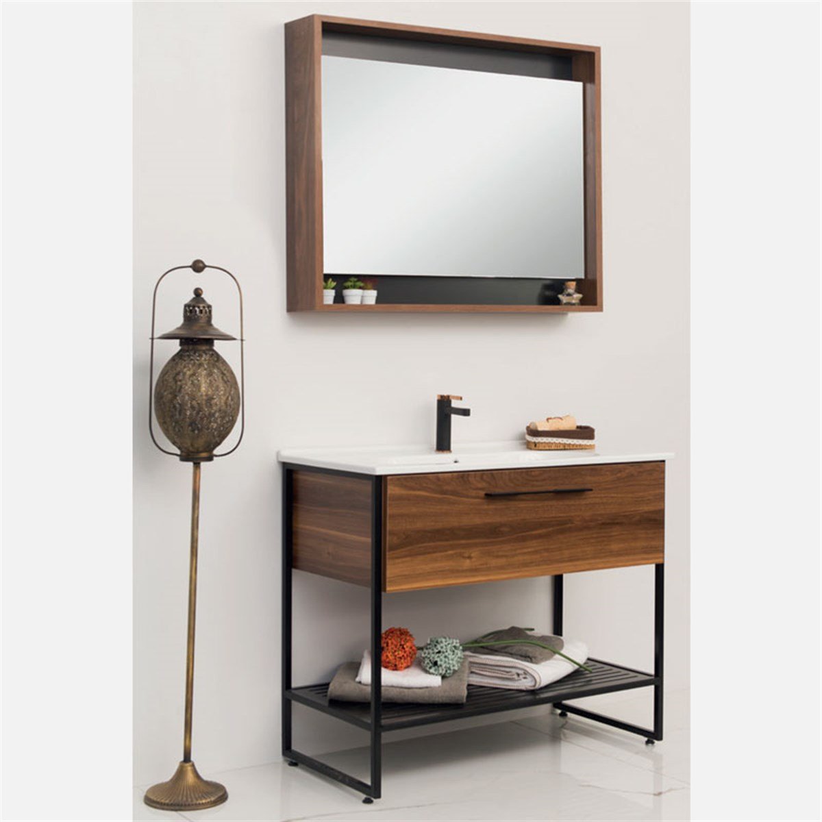 Livea Concept Ceviz Banyo Dolabı 80 cm (Beyaz Lavabo)