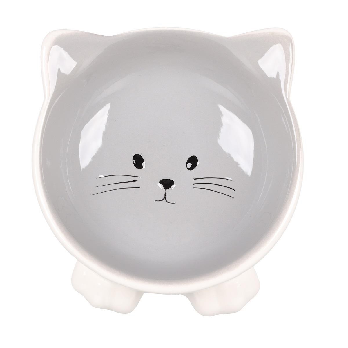Flamingo Puzi Kedi Kulaklı Desenli Seramik Mama Ve Su Kabı Gri-125Ml