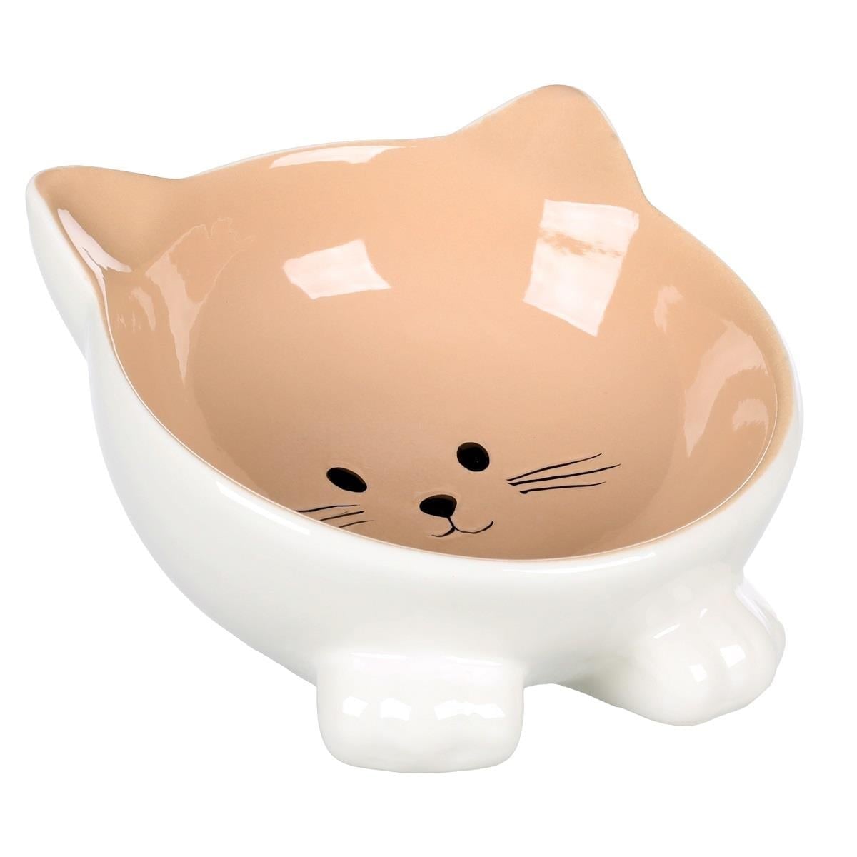 Flamingo Puzi Kedi Kulaklı Desenli Seramik Mama Ve Su Kabı Bej-125 Ml