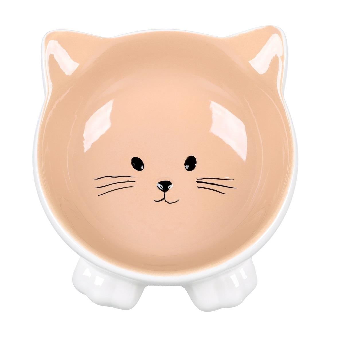 Flamingo Puzi Kedi Kulaklı Desenli Seramik Mama Ve Su Kabı Bej-125 Ml