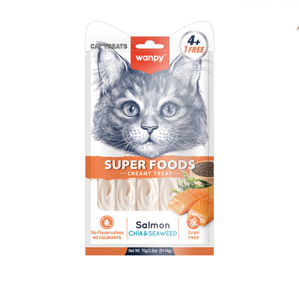 Wanpy Superfood Somonlu, Chia & Deniz Yosunlu – Krema Kedi Ödülü 5×14 g