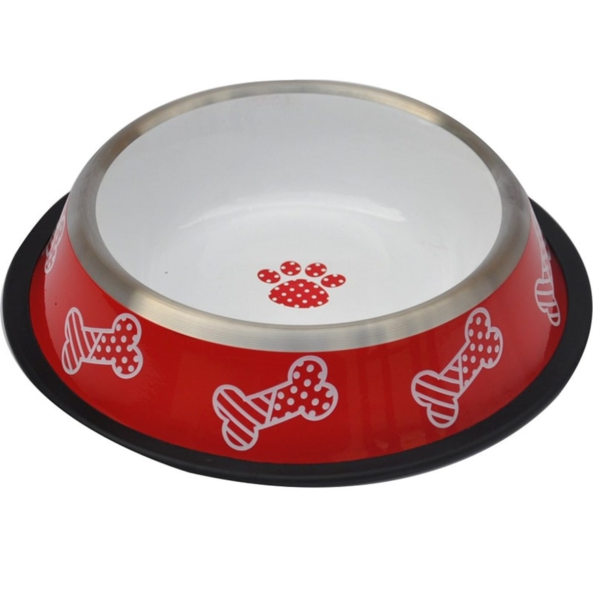 Zampa Desenli Çelik Mama Su Kabı Kırmızı-Beyaz 96 oz