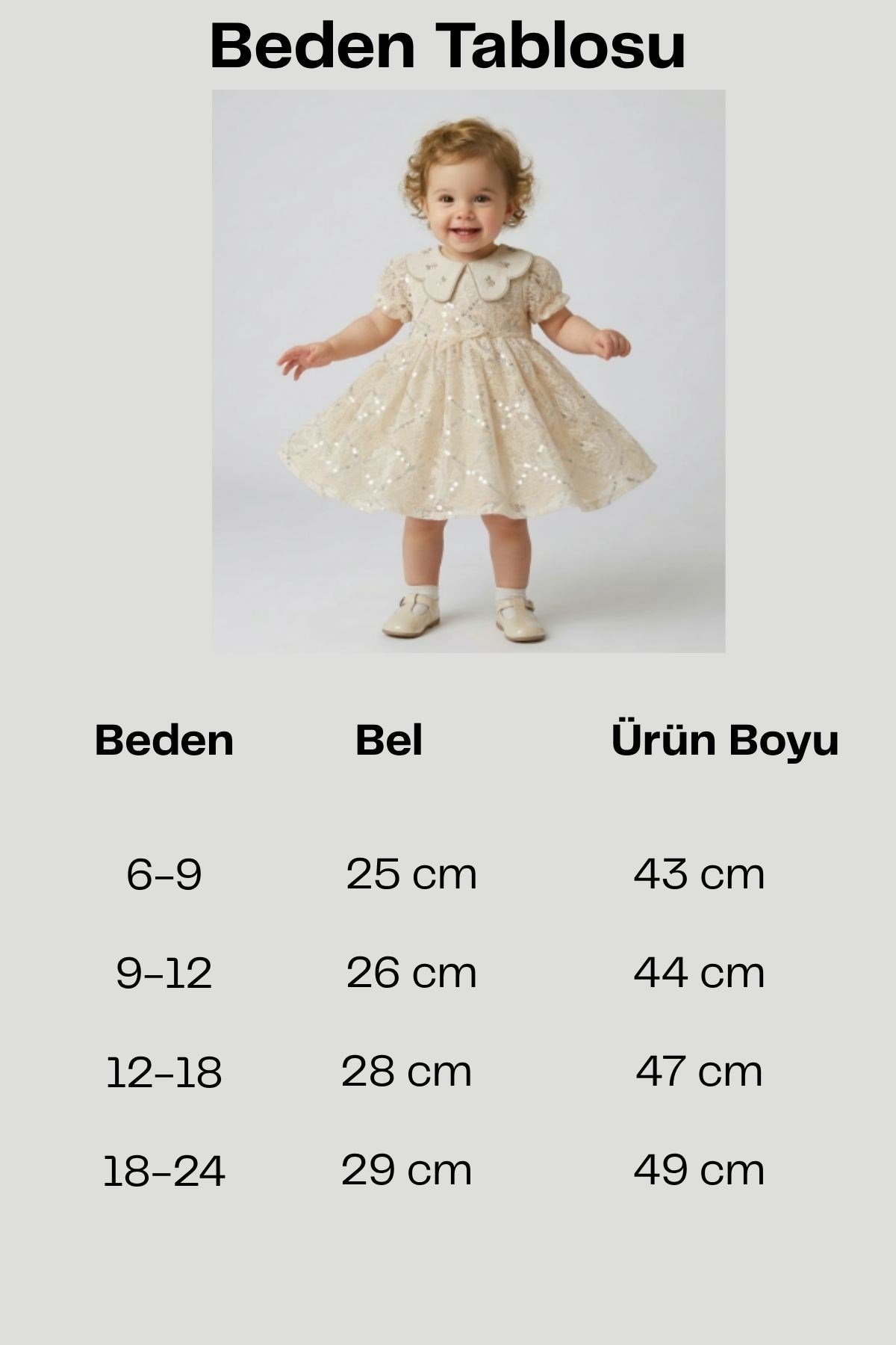  Bebek Krem Payet İşlemeli Bebe Yaka Dantelli Prenses Elbise