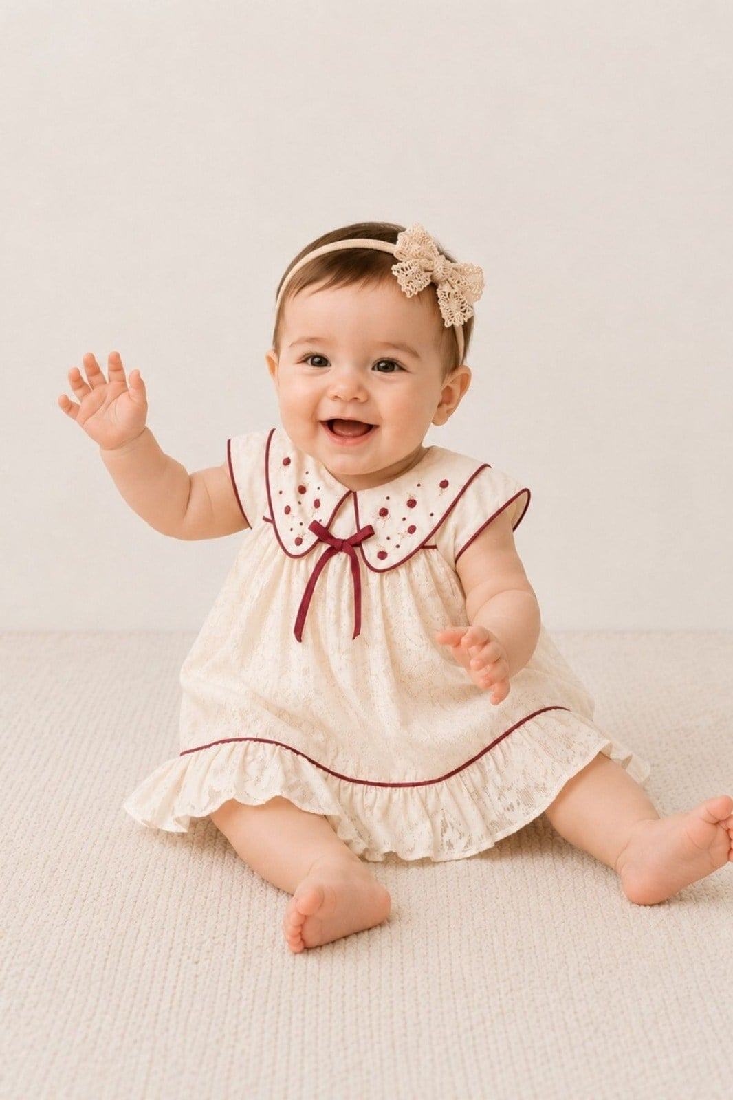 Kız Bebek Bordo Detaylı Fisto Nakışlı Vintage Elbise ve Bandana Takımı