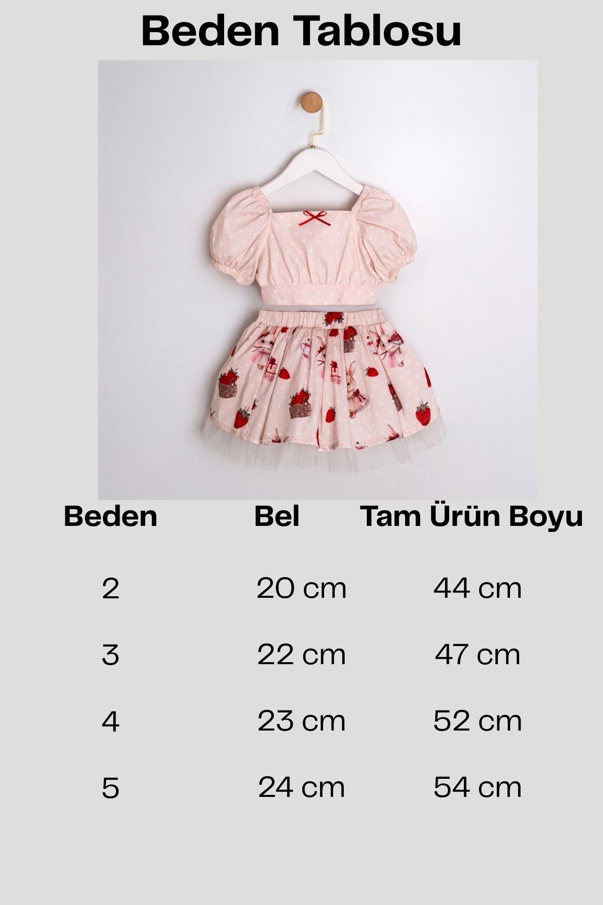 Kız Çocuk Çilek ve Tavşan Desenli Crop Bluz ve Etekli 2'li Yazlık Takım