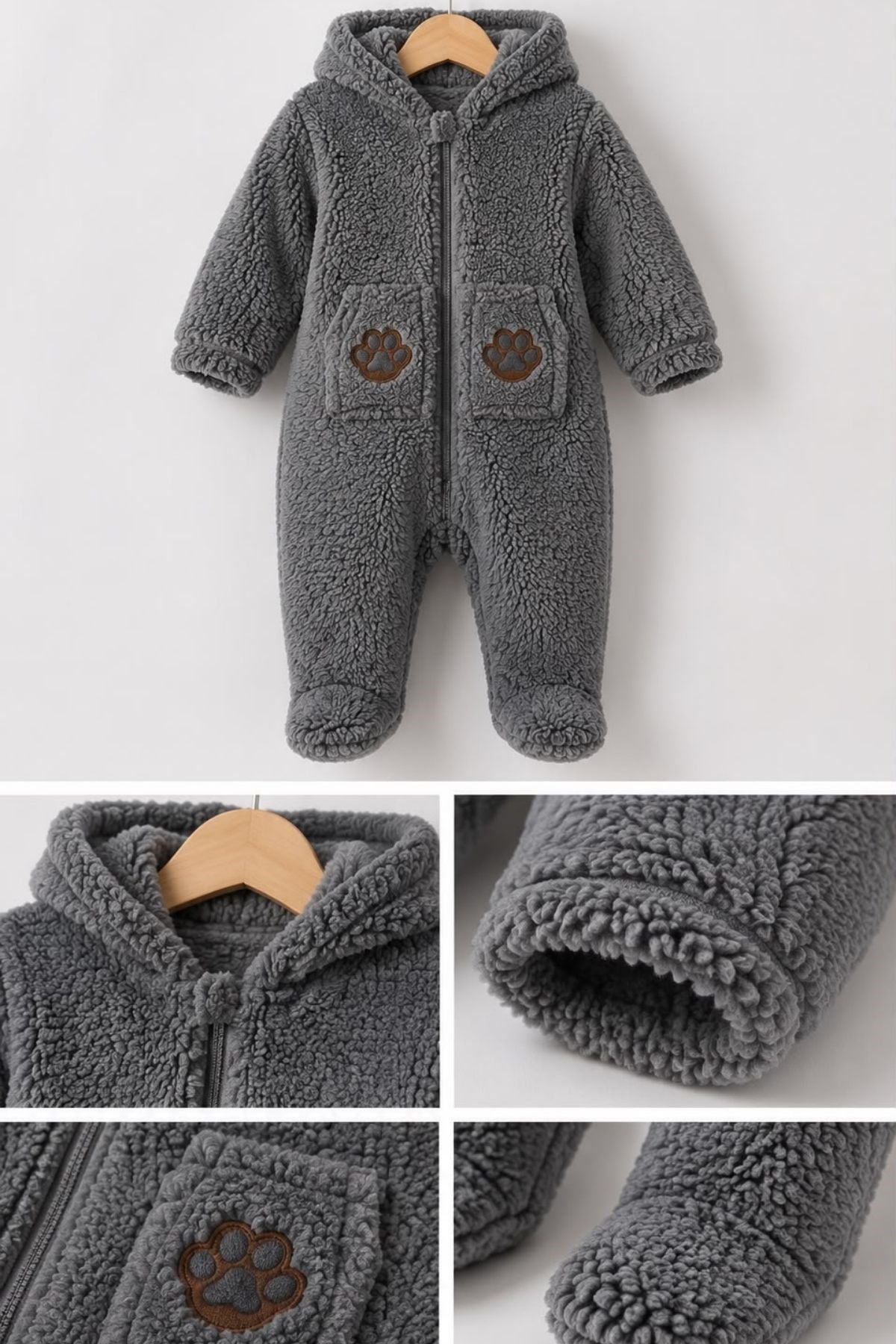 Kulaklı Kapüşonlu İçi Astarlı Wellsoft Bebek Tulumu - Pati Detaylı