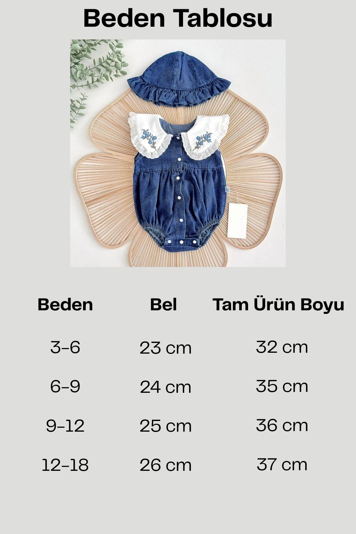Nakışlı Bebe Yaka Kot Bebek Tulumu ve Şapka Takımı