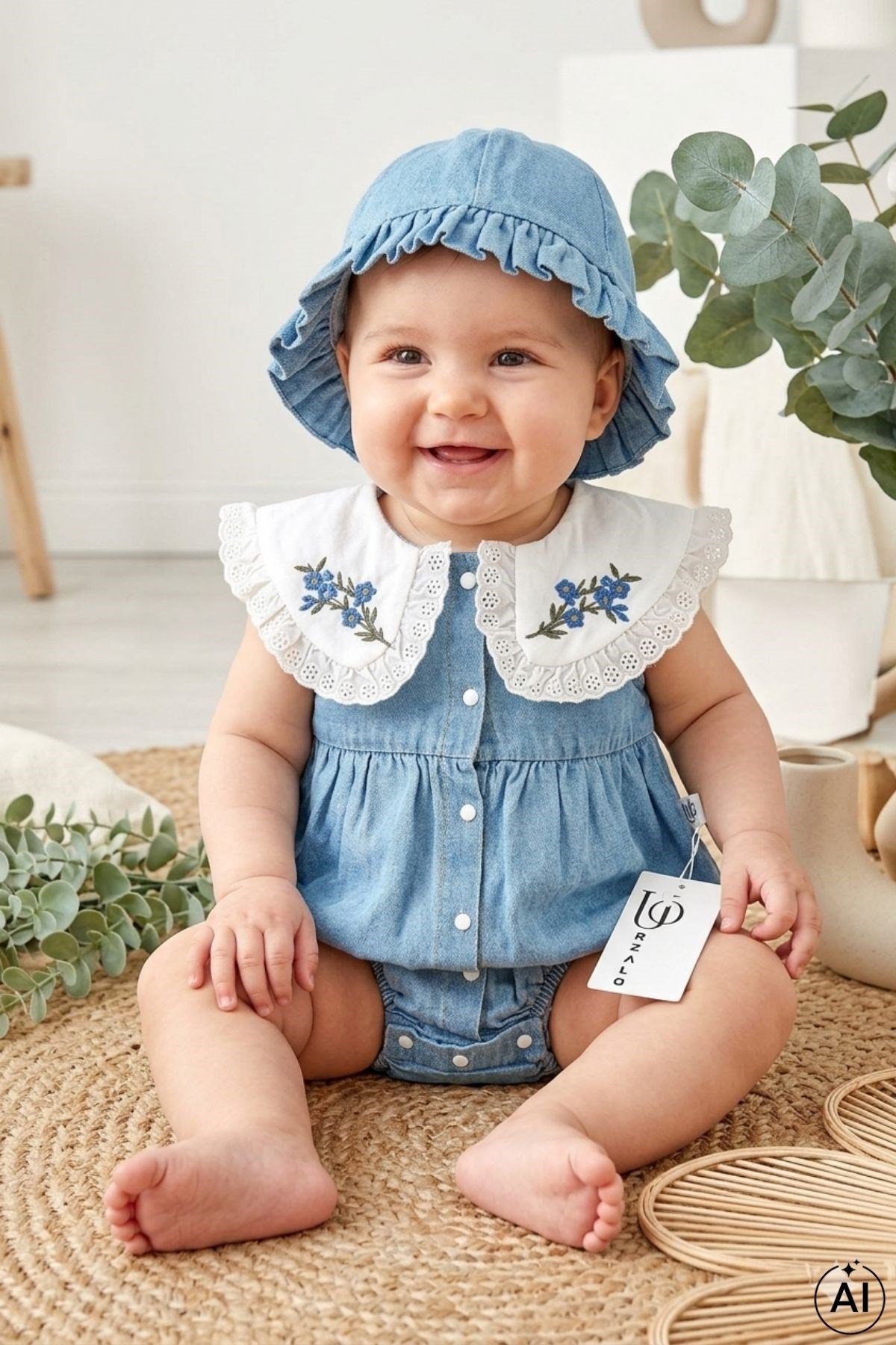 Nakışlı Bebe Yaka Kot Bebek Tulumu ve Şapka Takımı
