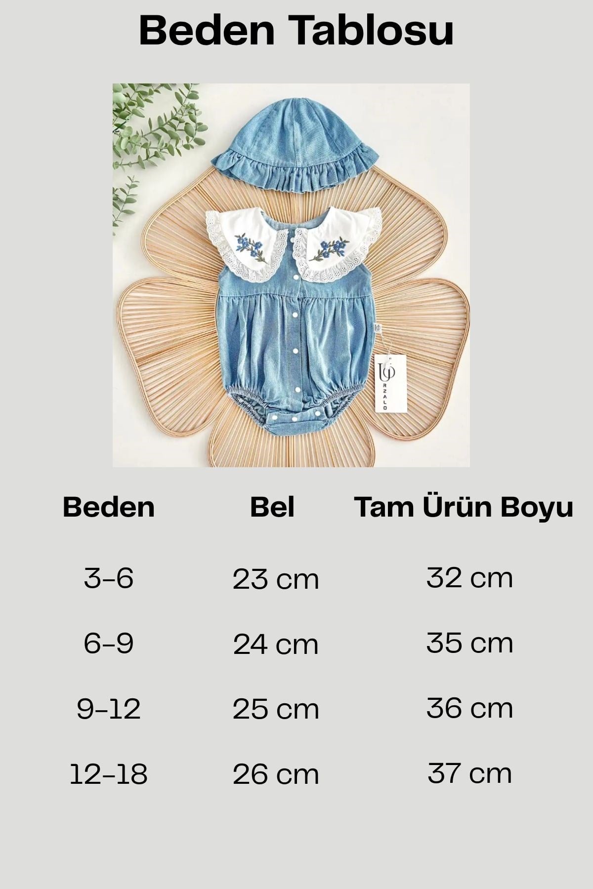 Nakışlı Bebe Yaka Kot Bebek Tulumu ve Şapka Takımı