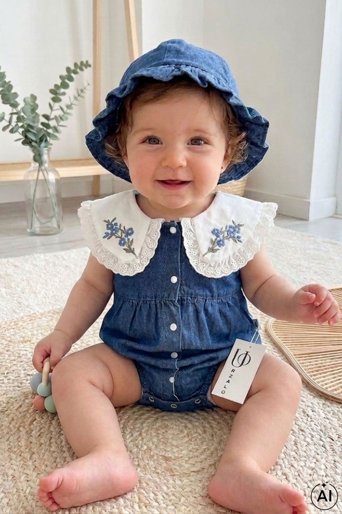 Nakışlı Bebe Yaka Kot Bebek Tulumu ve Şapka Takımı