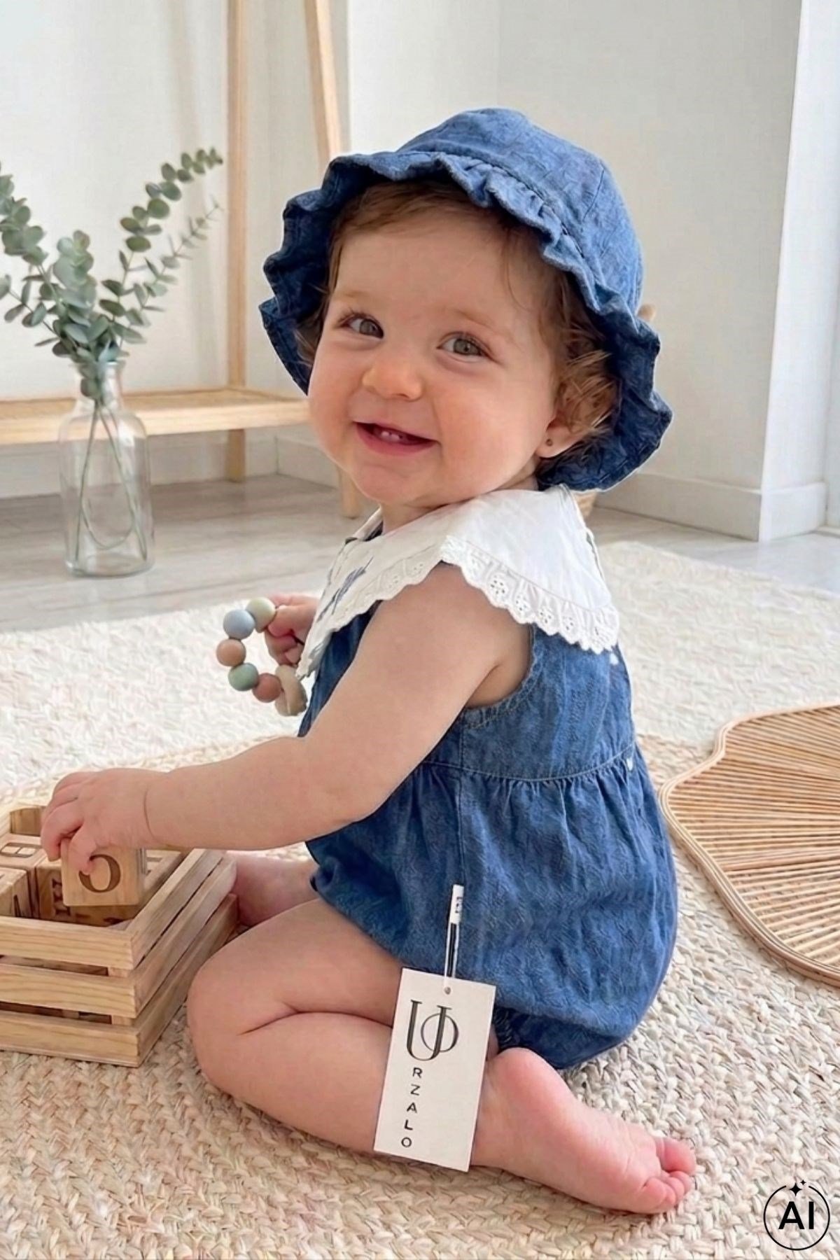 Nakışlı Bebe Yaka Kot Bebek Tulumu ve Şapka Takımı