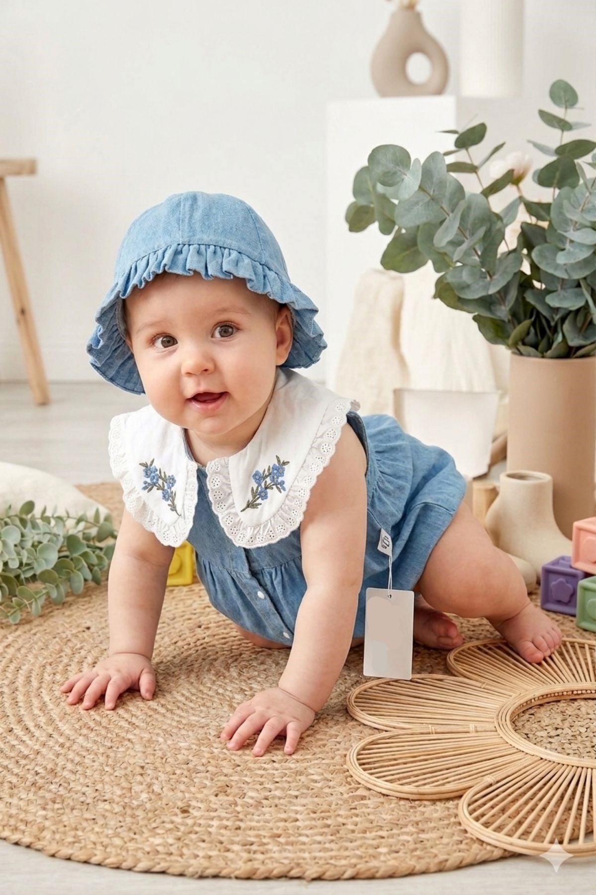 Nakışlı Bebe Yaka Kot Bebek Tulumu ve Şapka Takımı
