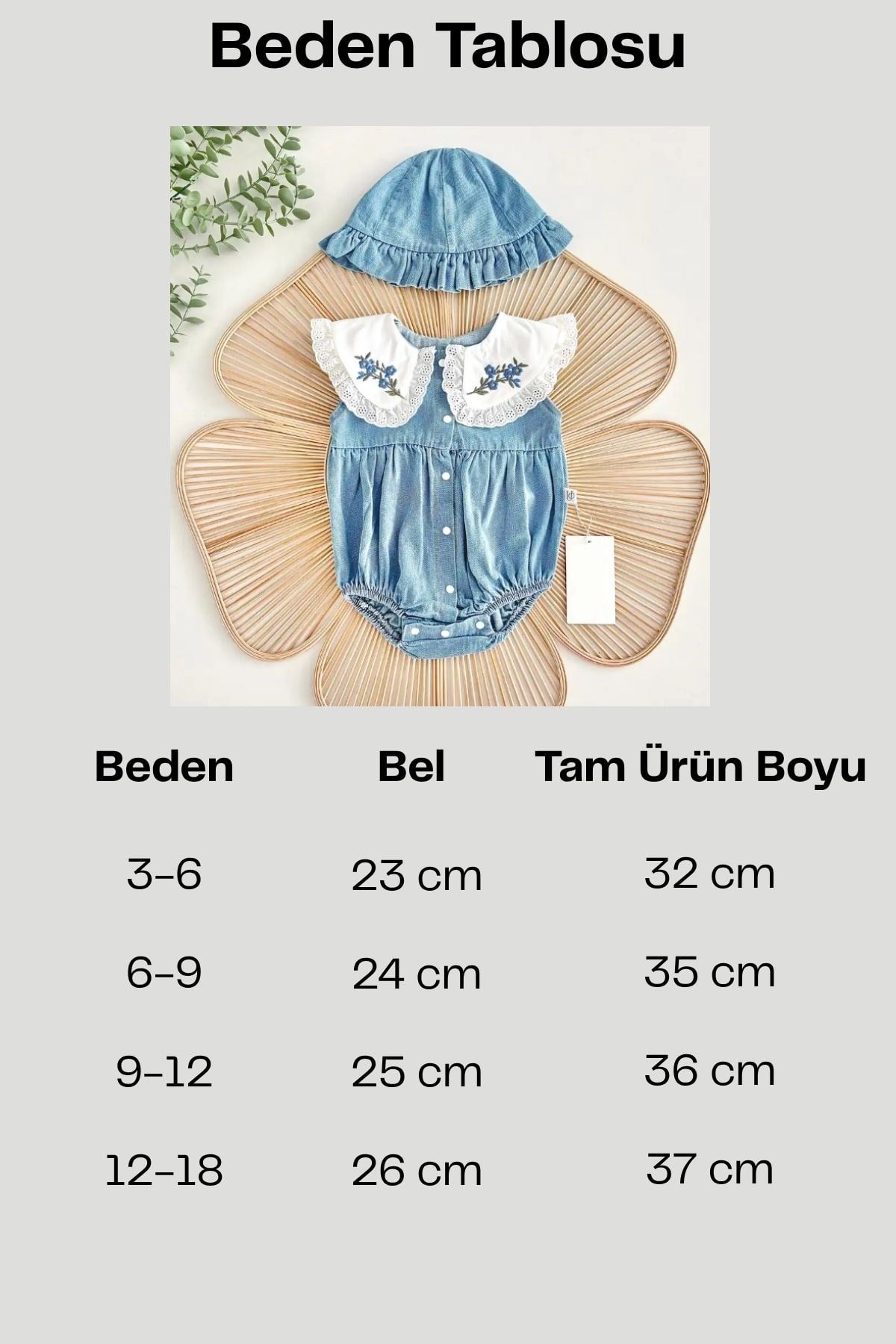 Nakışlı Bebe Yaka Kot Bebek Tulumu ve Şapka Takımı
