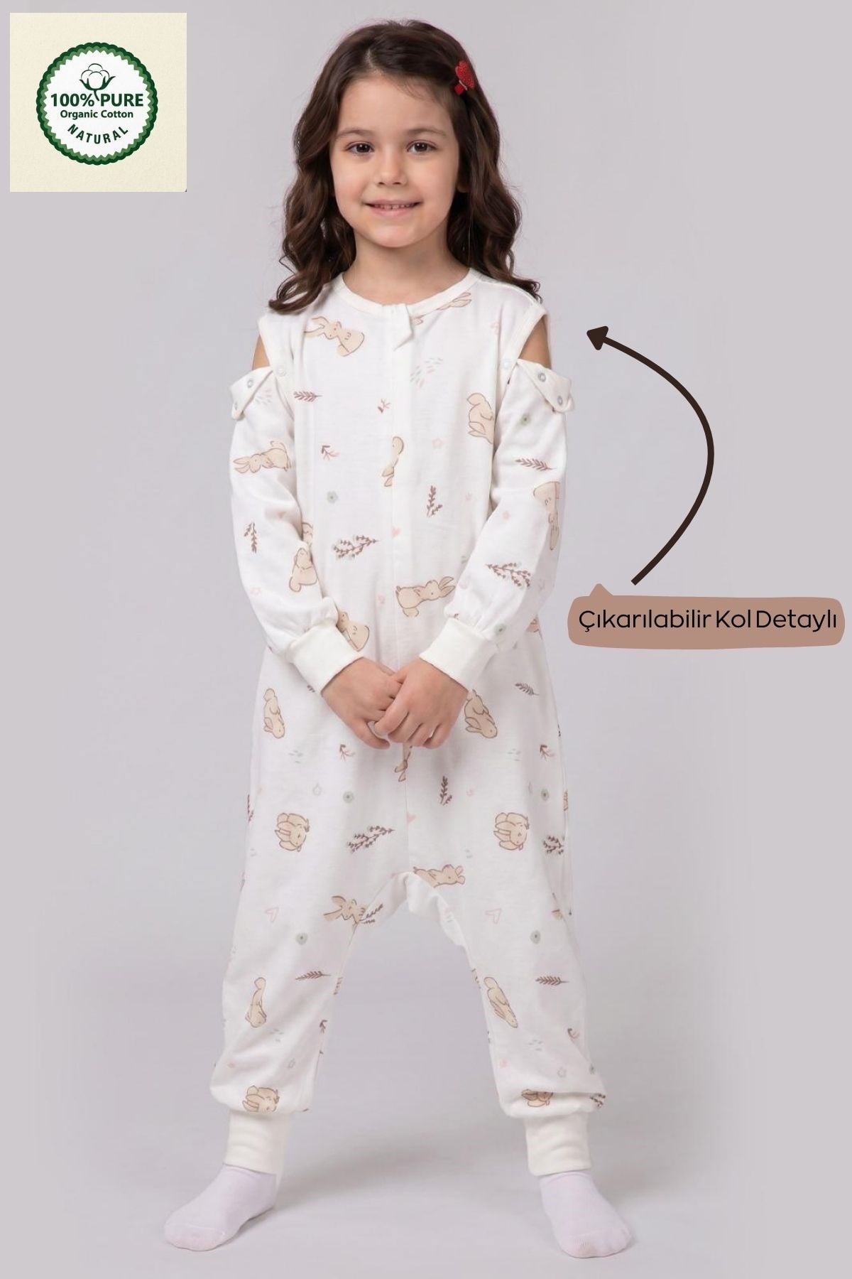 Pazen Çıtçıtlı Çıkarılabilir Kollu Bebek Çocuk Uyku Tulumu 1.0 Tog %100 Pamuk Natural 