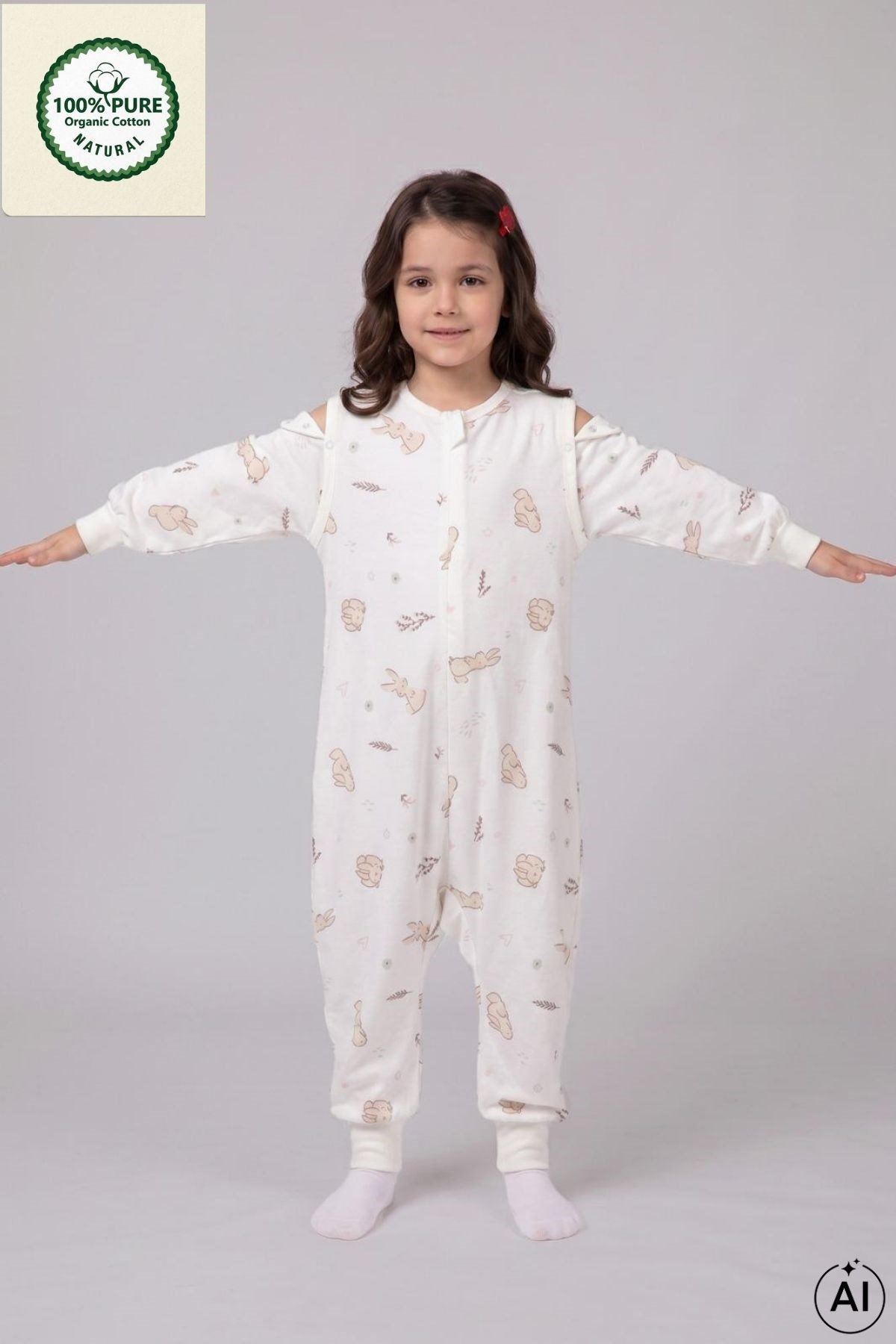 Pazen Çıtçıtlı Çıkarılabilir Kollu Bebek Çocuk Uyku Tulumu 1.0 Tog %100 Pamuk Natural 