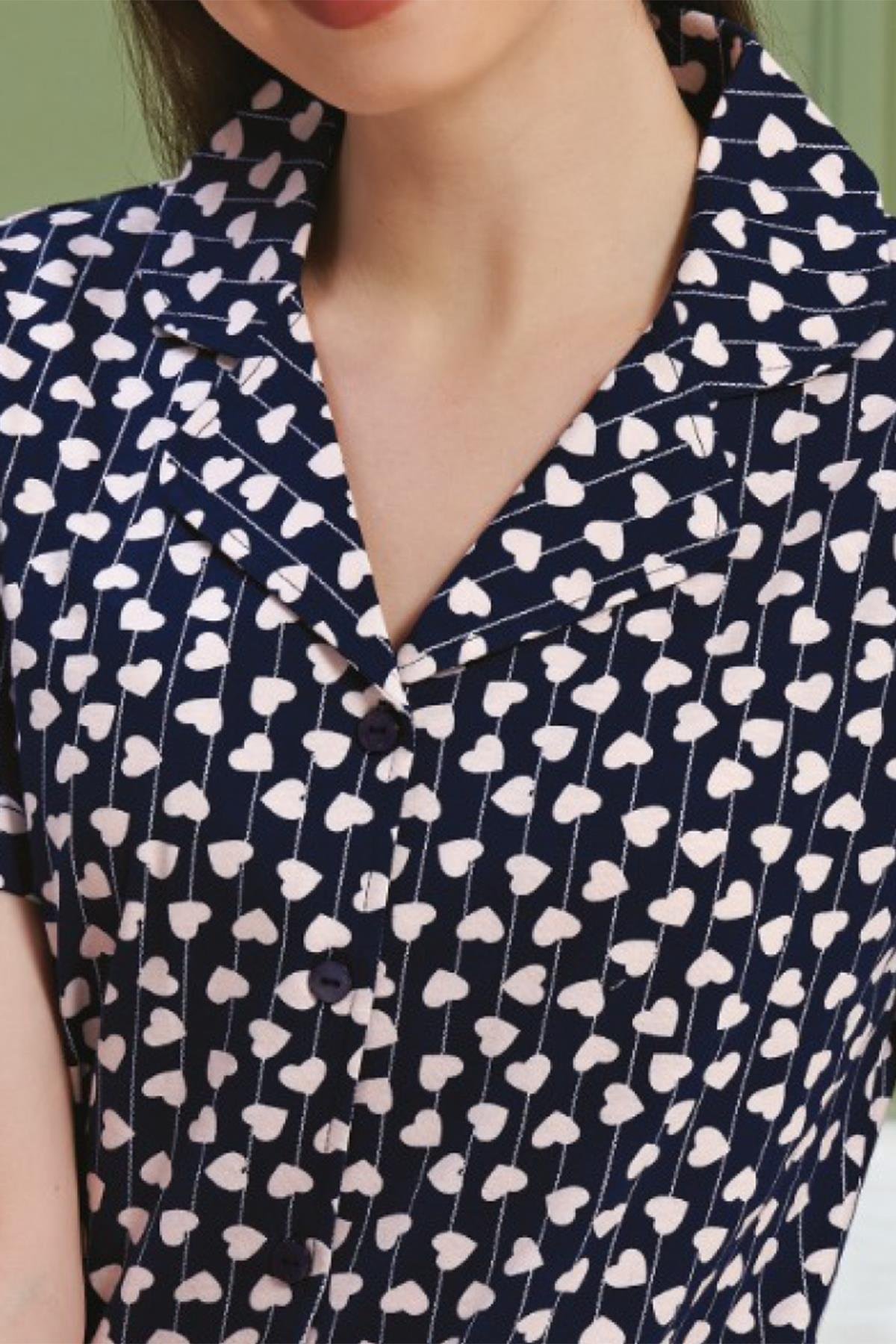 BSM Kadın %100 Penye Yüksek Kalite Boydan Düğmeli Kısa Kollu Gömlek Model Lacivert Pamuklu Penye Pijama Takımı