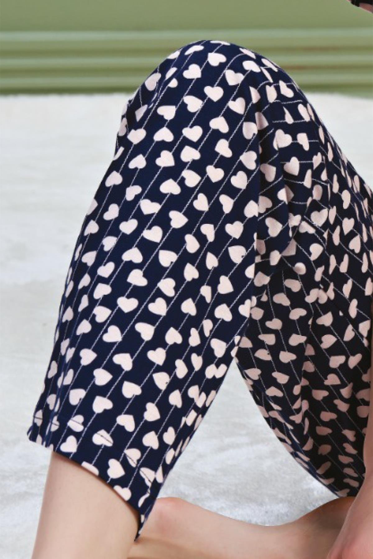 BSM Kadın %100 Penye Yüksek Kalite Boydan Düğmeli Kısa Kollu Gömlek Model Lacivert Pamuklu Penye Pijama Takımı