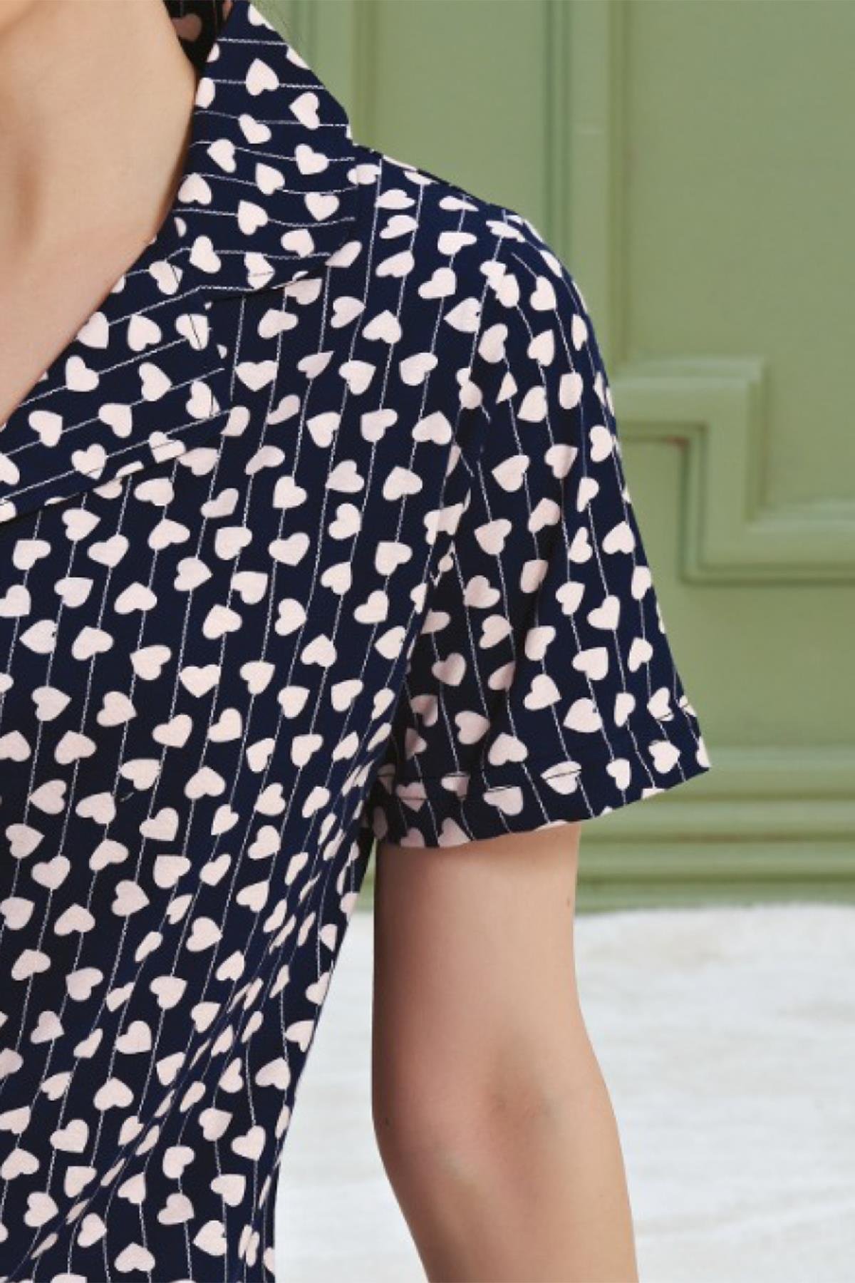 BSM Kadın %100 Penye Yüksek Kalite Boydan Düğmeli Kısa Kollu Gömlek Model Lacivert Pamuklu Penye Pijama Takımı