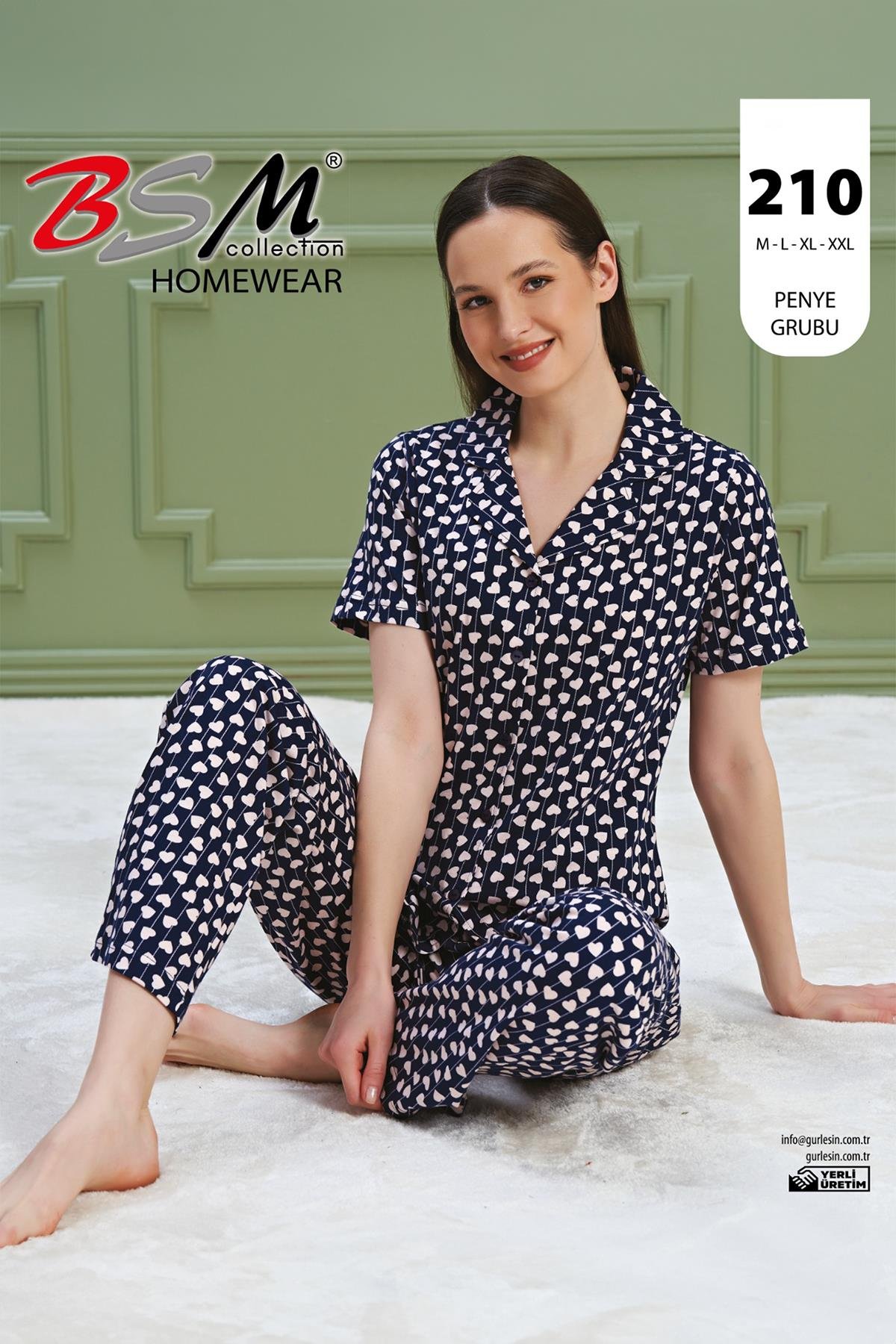 BSM Kadın %100 Penye Yüksek Kalite Boydan Düğmeli Kısa Kollu Gömlek Model Lacivert Pamuklu Penye Pijama Takımı