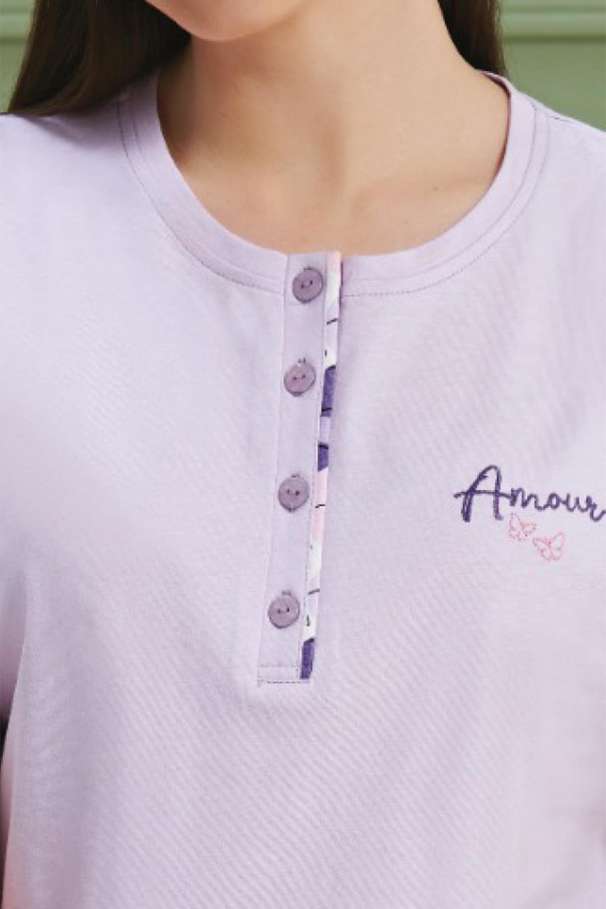 BSM Kadın Yüksek Kalite %100 Penye Kumaş Desenli Kısa Kol Lila Pijama Takımı