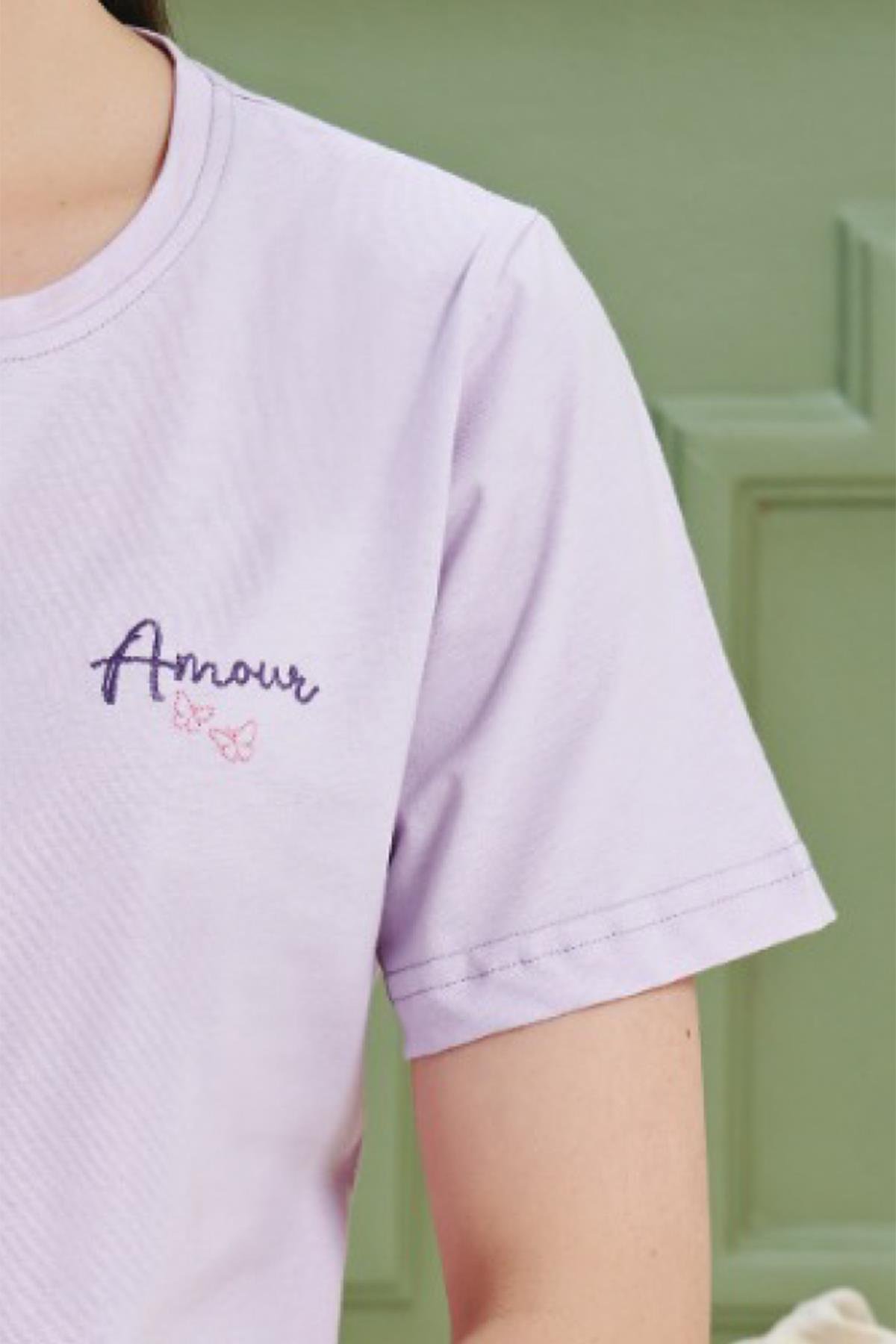 BSM Kadın Yüksek Kalite %100 Penye Kumaş Desenli Kısa Kol Lila Pijama Takımı