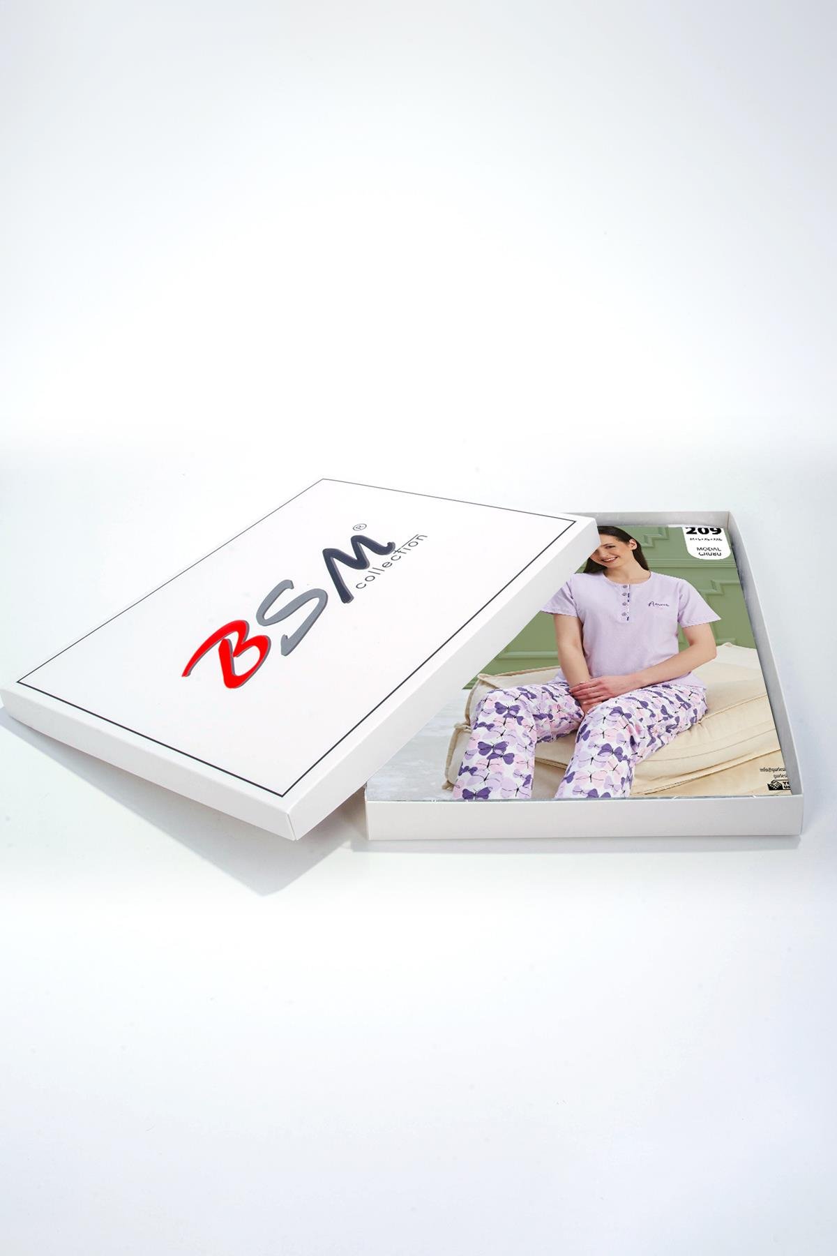 BSM Kadın Yüksek Kalite %100 Penye Kumaş Desenli Kısa Kol Lila Pijama Takımı