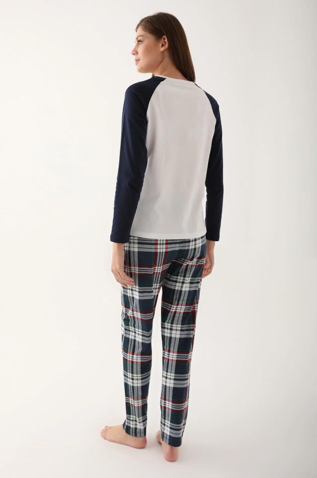 BSM Kadın Yüksek Kalite  Pamuklu Rahat Uzun Kol Baskılı Ekose Krem Pijama Takımı