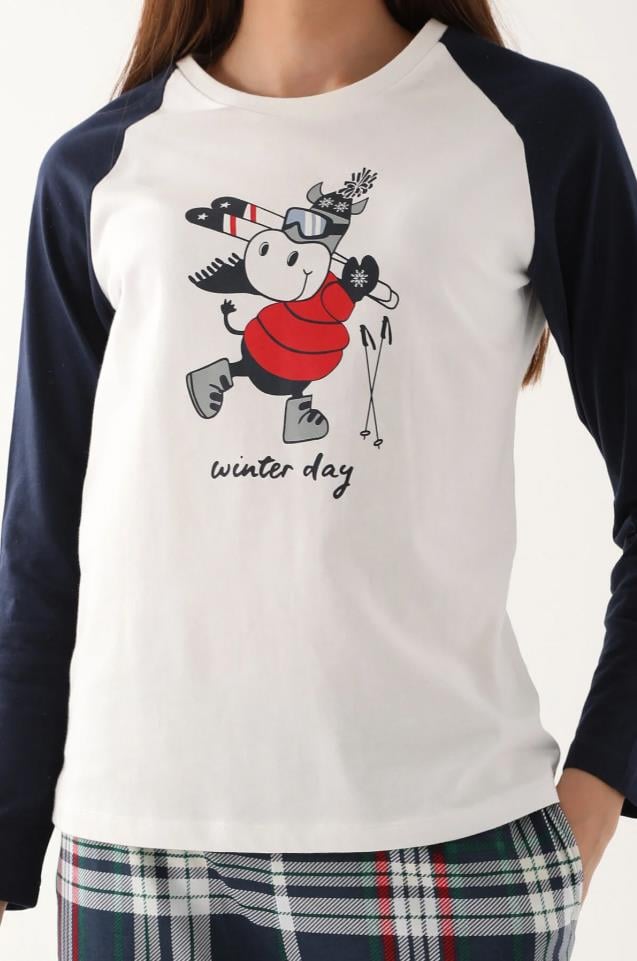 BSM Kadın Yüksek Kalite  Pamuklu Rahat Uzun Kol Baskılı Ekose Krem Pijama Takımı