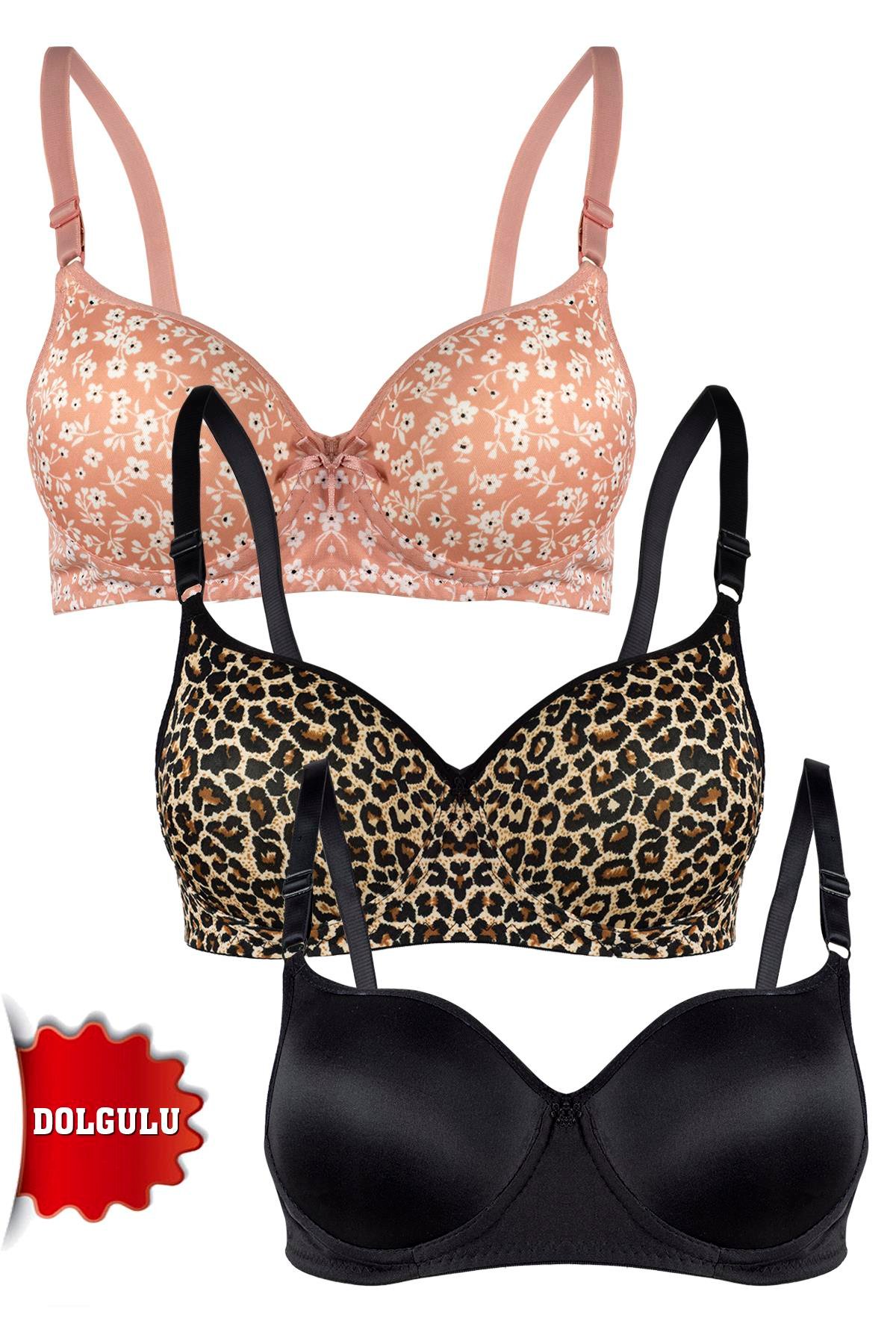Rare White Kadın Dolgulu 3'lü Sütyen T4322M01107D-3LÜ Siyahleopar-Pudraçiçek-Siyah