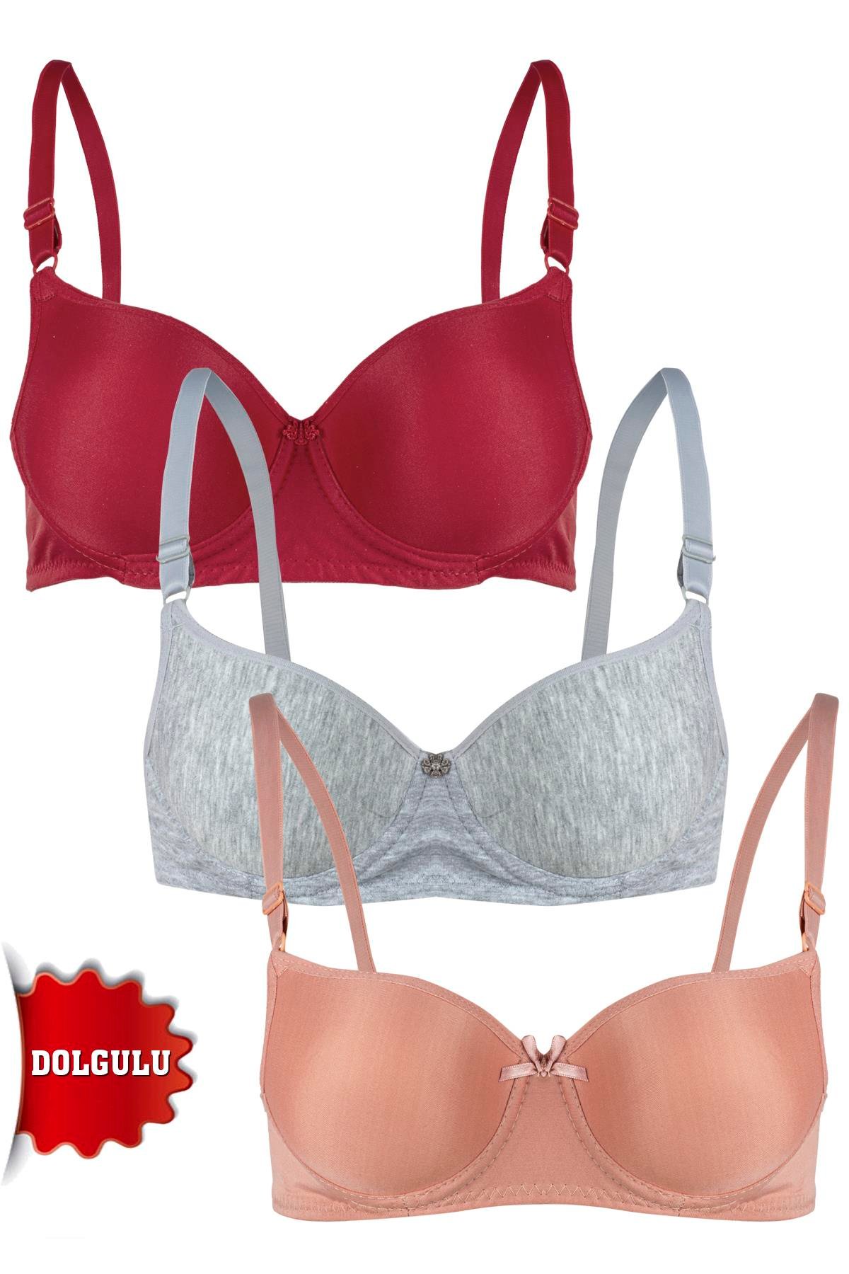 Rare White Kadın Dolgulu 3'lü Sütyen T4322M001107-3LÜ Bordo-Gri-Pudra