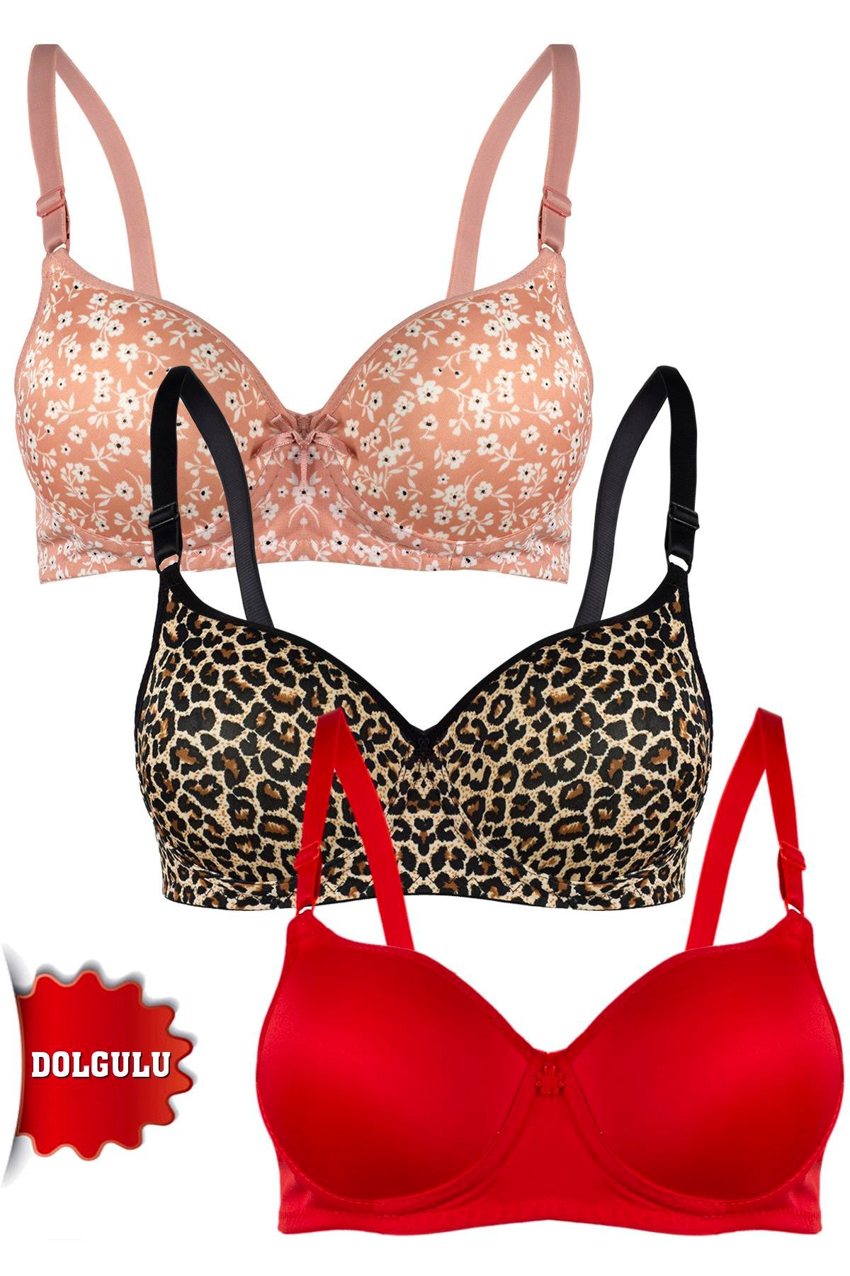 Rare White Kadın Dolgulu 3'lü Sütyen T4322M01107D-3LÜ Siyahleopar-Pudraçiçek-Kırmızı 