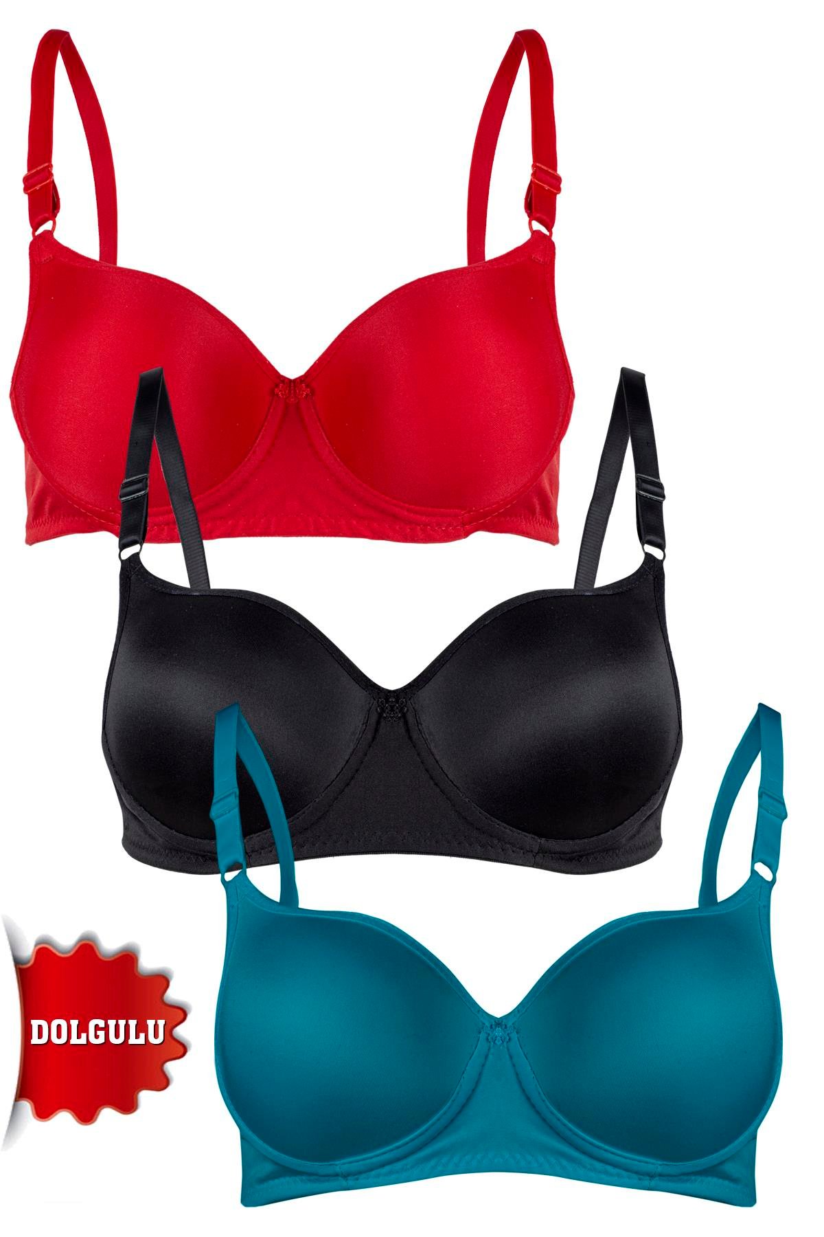 Rare White Kadın Dolgulu 3'lü Sütyen T4322M001107-3LÜ Kırmızı-Siyah-Zümrüt