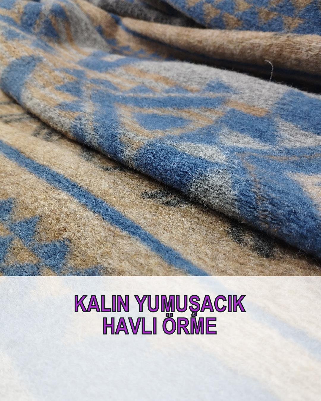 Havlı Kalın Örme Mavi Kahve Gri RenklerdeEn: 160 cm