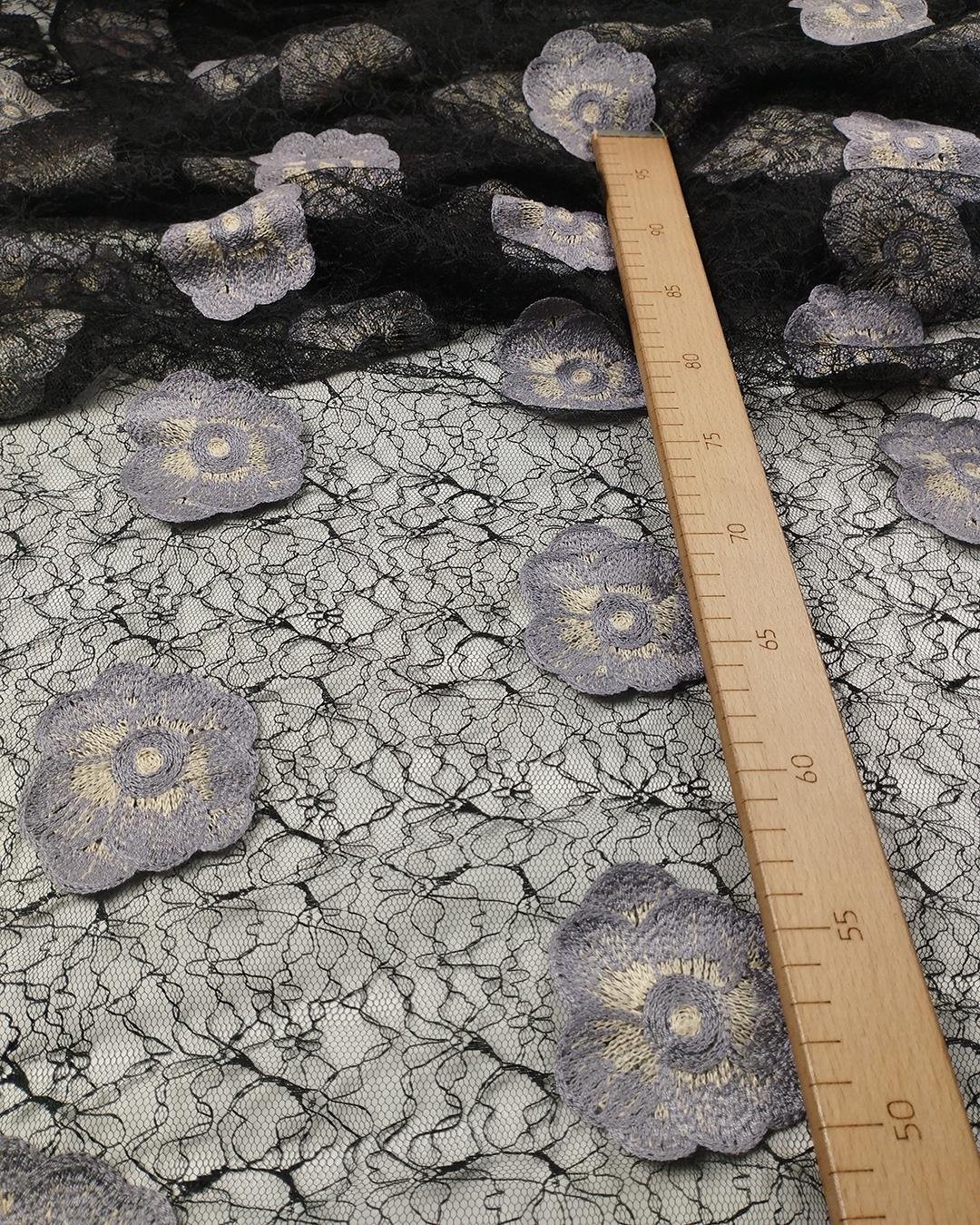 LİLA Siyah Üzeri Çiçek Nakışlı Tül (En  140 cm x Boy  300 cm)