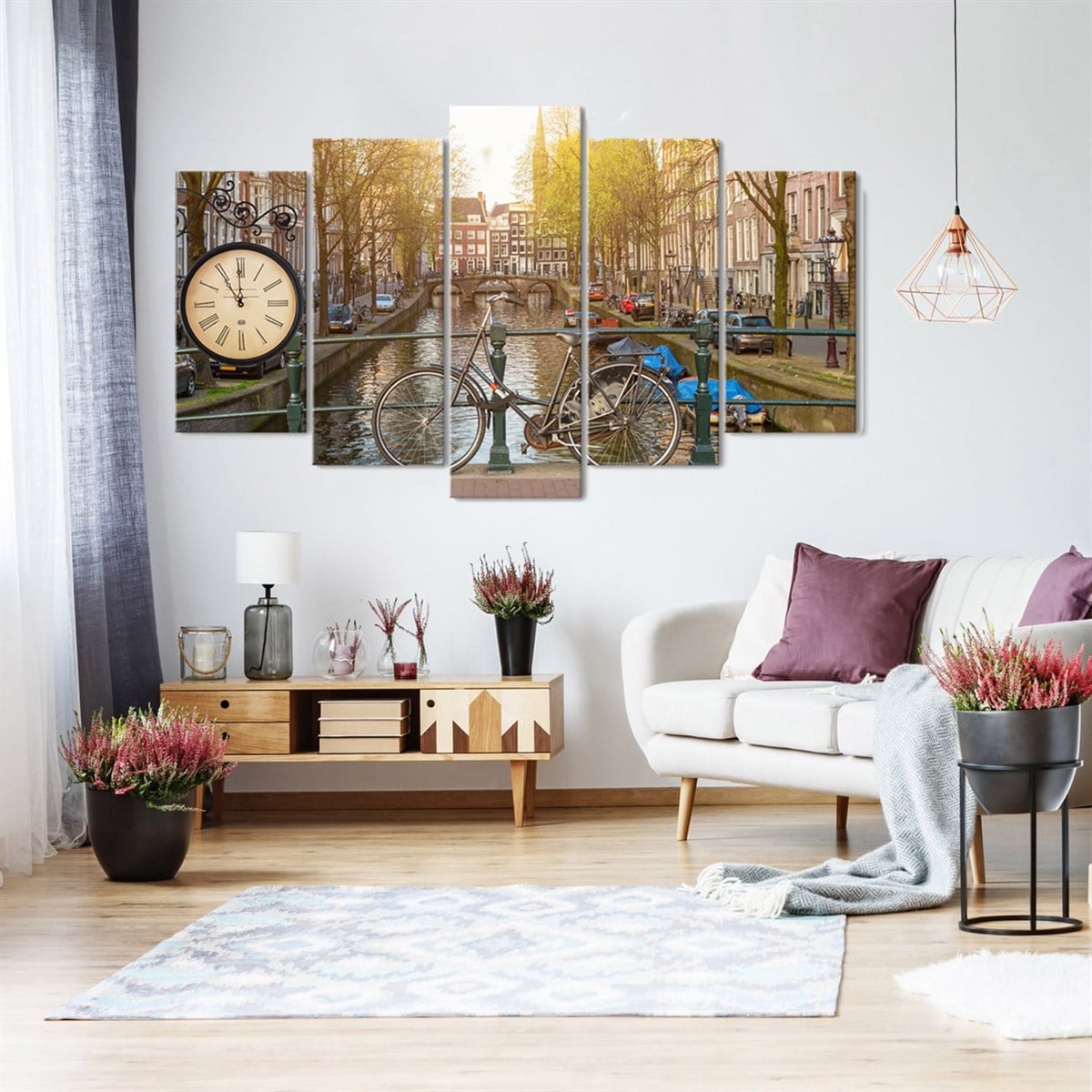 Amsterdam Kanal Saatli 5 Parçalı Kanvas TabloParçalı KanvasTablolife.com