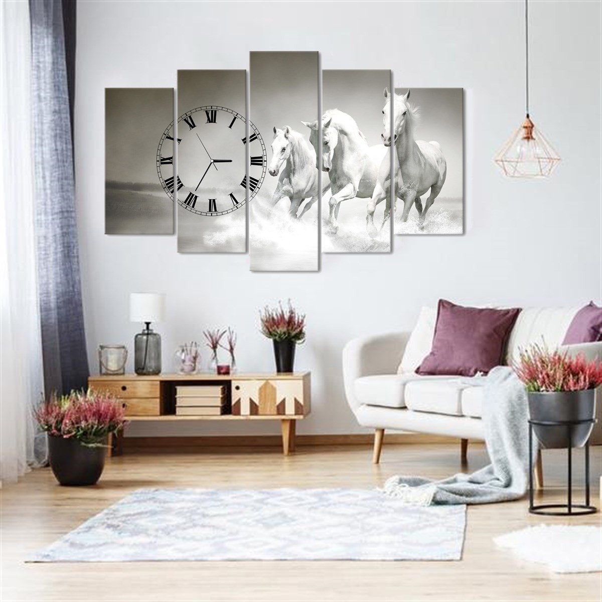 Beyaz Atlar 5 Parçalı Saatli Kanvas TabloKanvas TablolarTablolife.com