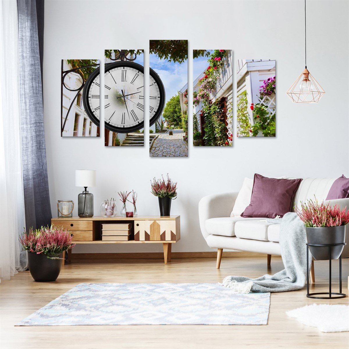 Beyaz Evli Yokuş Saatli 5 Parçalı Kanvas TabloParçalı KanvasTablolife.com