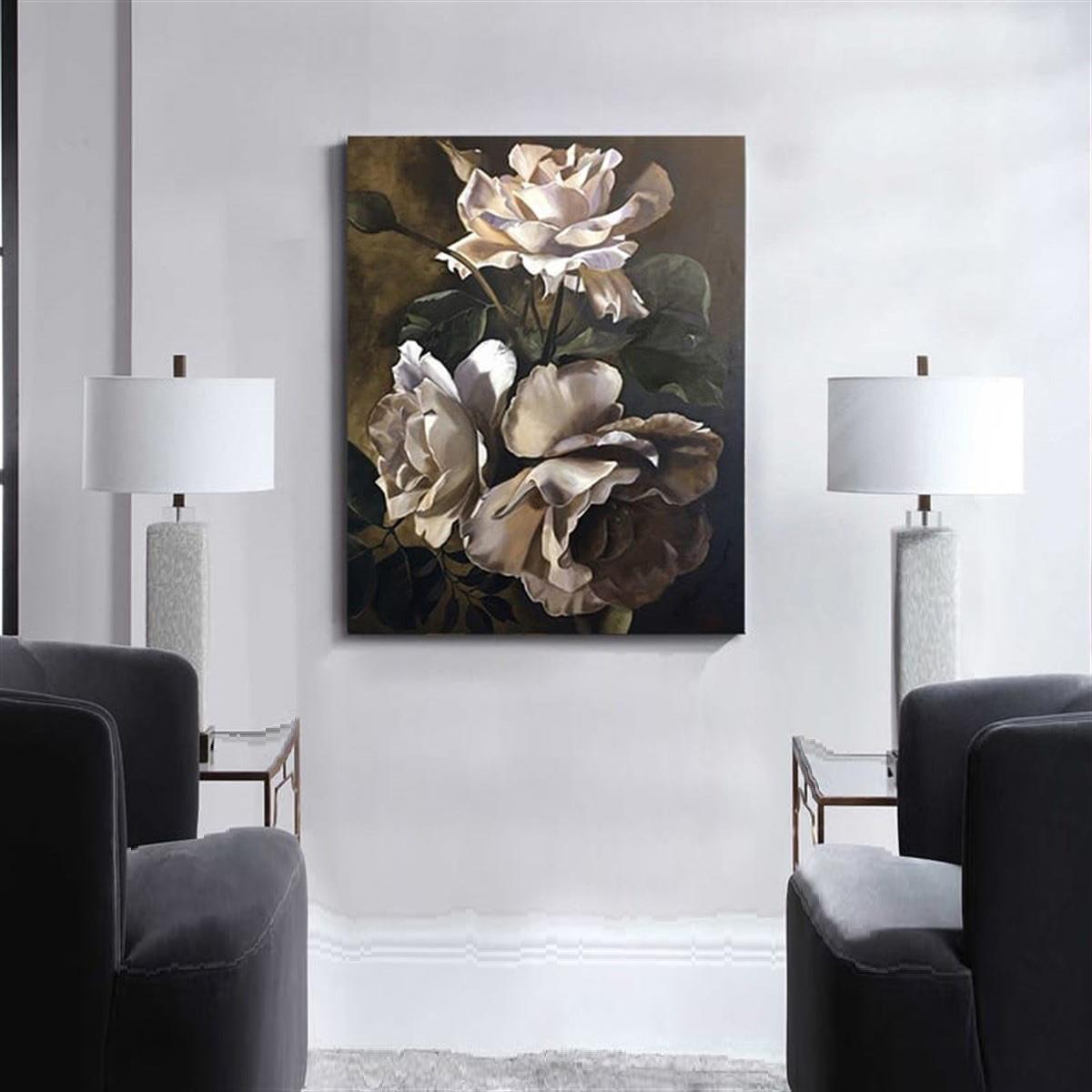 Beyaz Güller Yağlı Boya Dokulu TabloYağlı Boya Dokulu Çiçek TablolarıTablolife.com