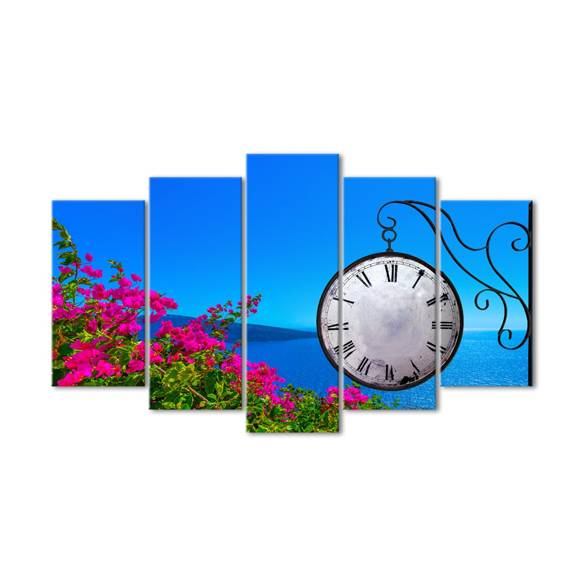 Deniz ve Çiçekler - Saatli 5 Parçalı Kanvas TabloÇiçekTablolife.com