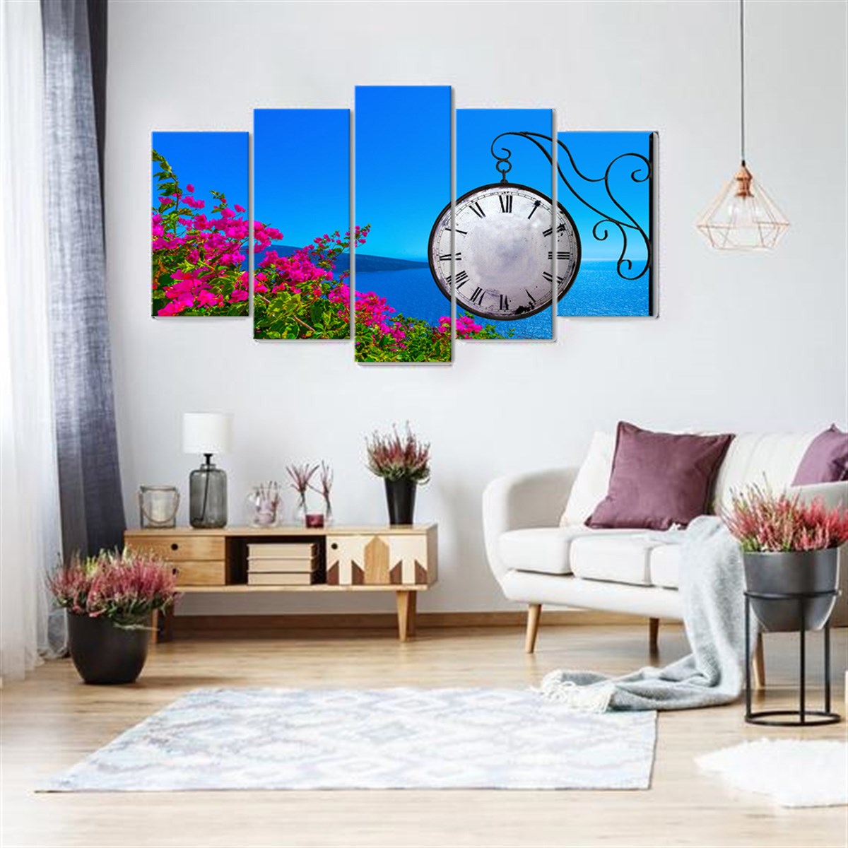 Deniz ve Çiçekler - Saatli 5 Parçalı Kanvas TabloÇiçekTablolife.com