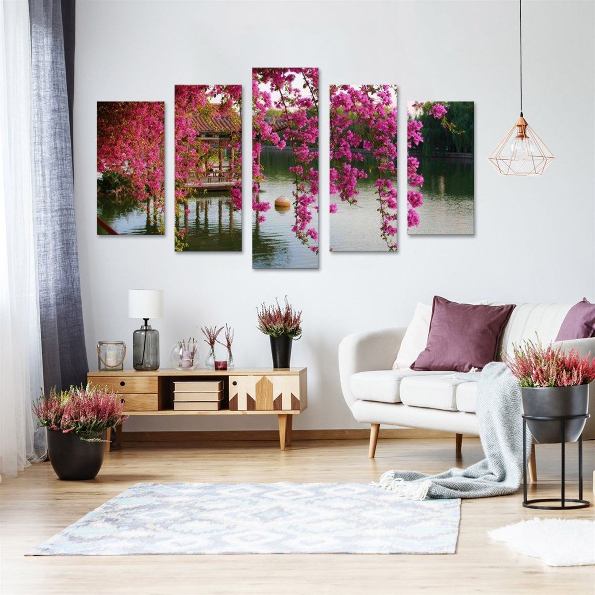 Göl Kenarındaki Pembe Ağaç - 5 Parçalı Kanvas Tablo